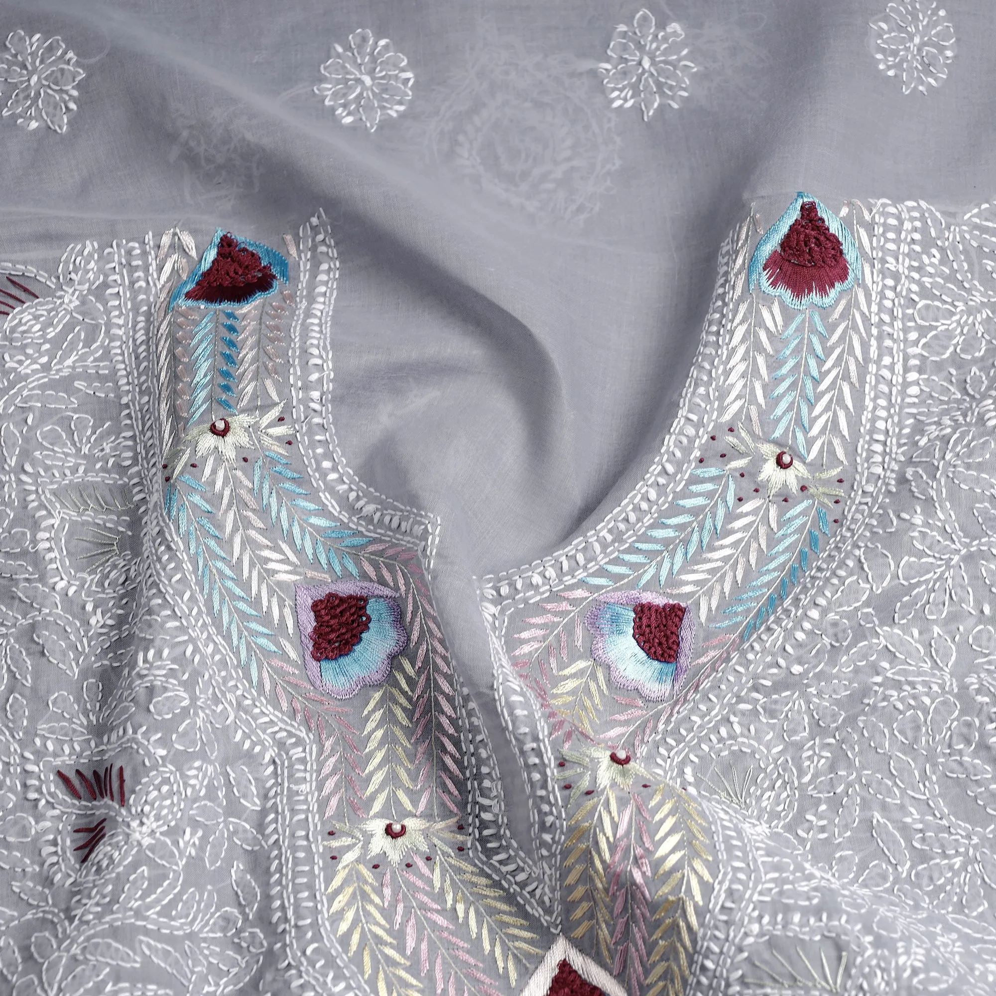 Grey - Lucknow Chikankari with Parsi Style Embroidered Cotton Kurta Material - 2.9 Meter