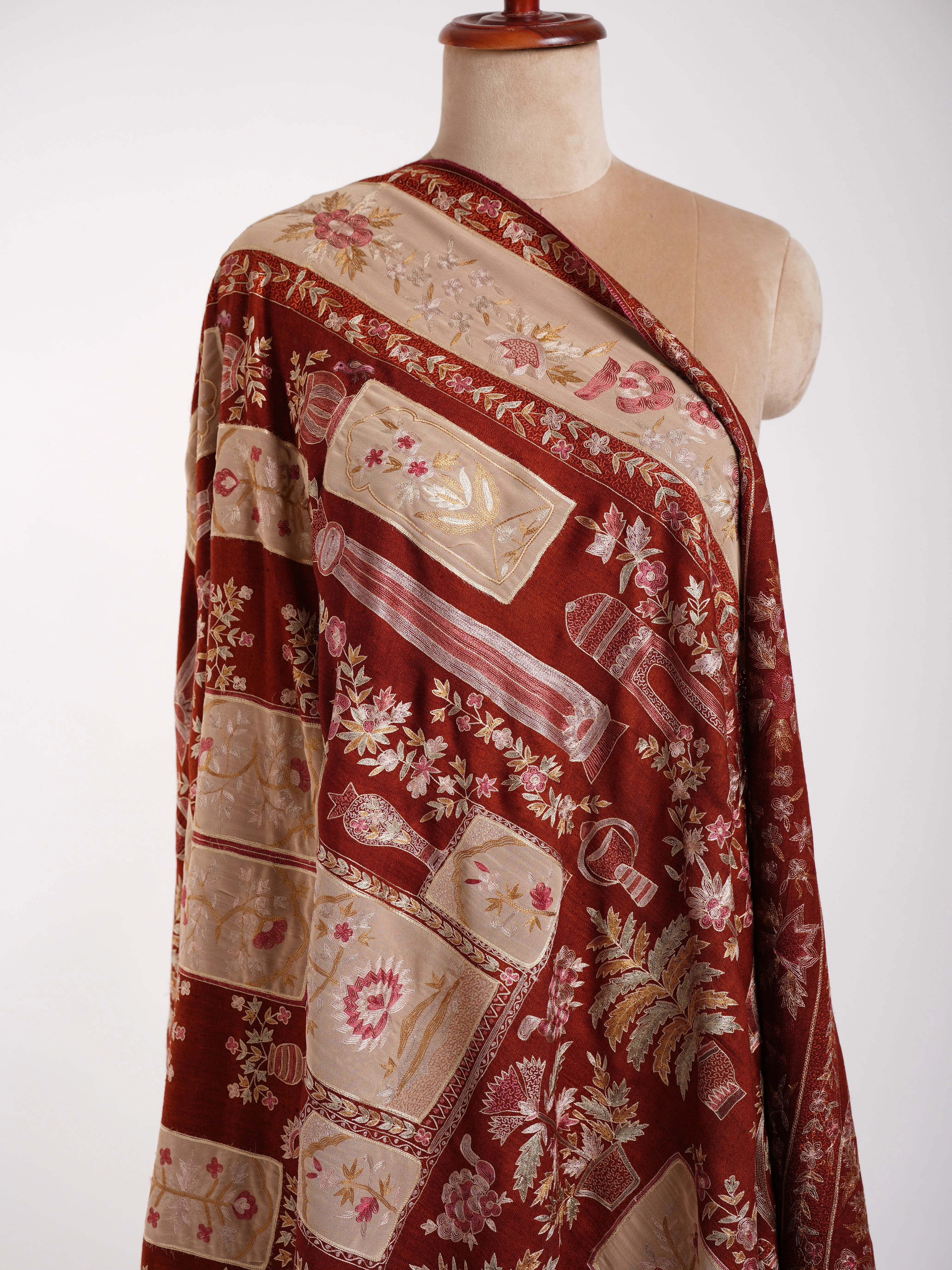 Hand Embroidered Patched Kalamkari Pashmina Shawl Cinnamon Stick