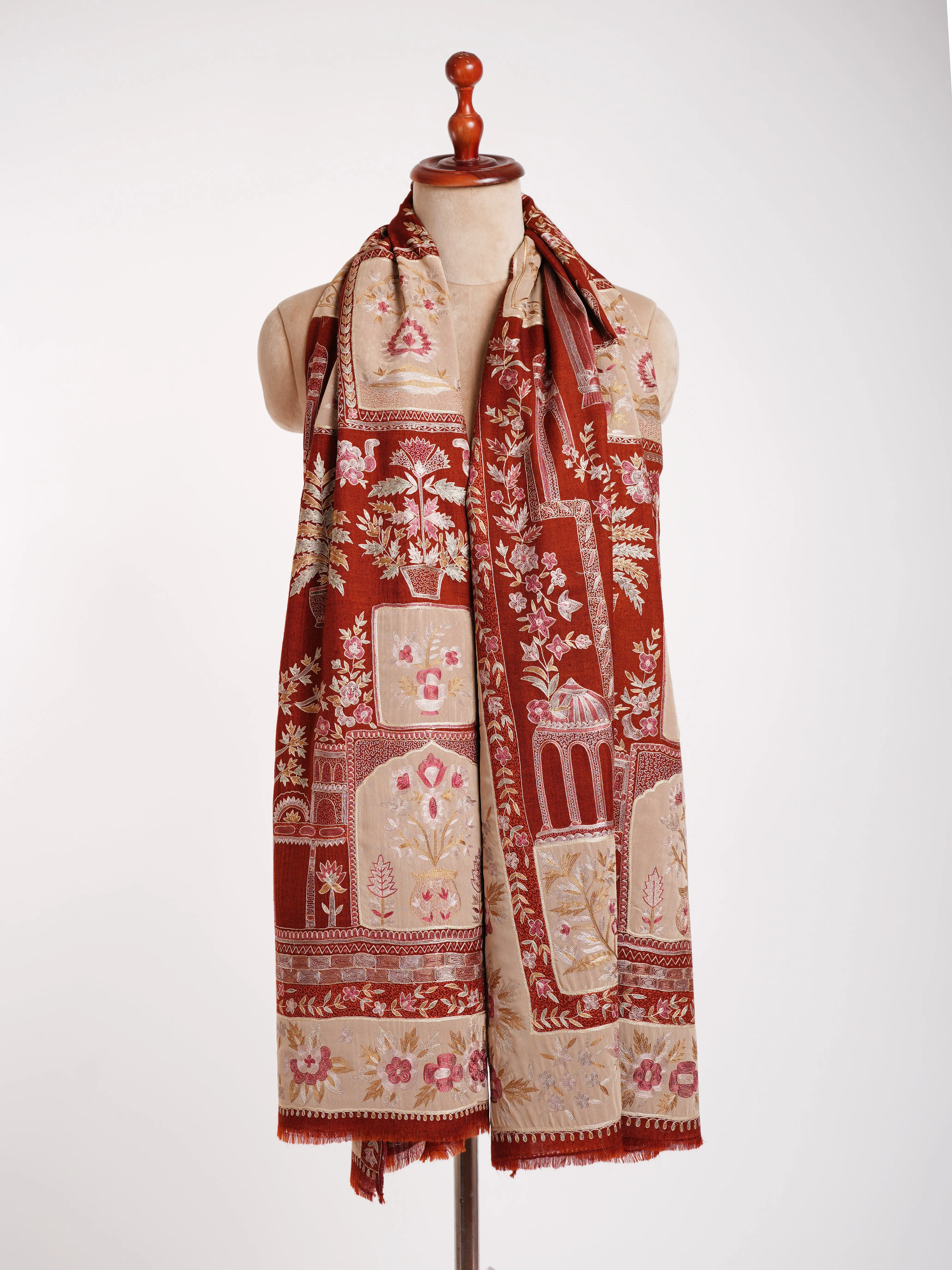 Hand Embroidered Patched Kalamkari Pashmina Shawl Cinnamon Stick