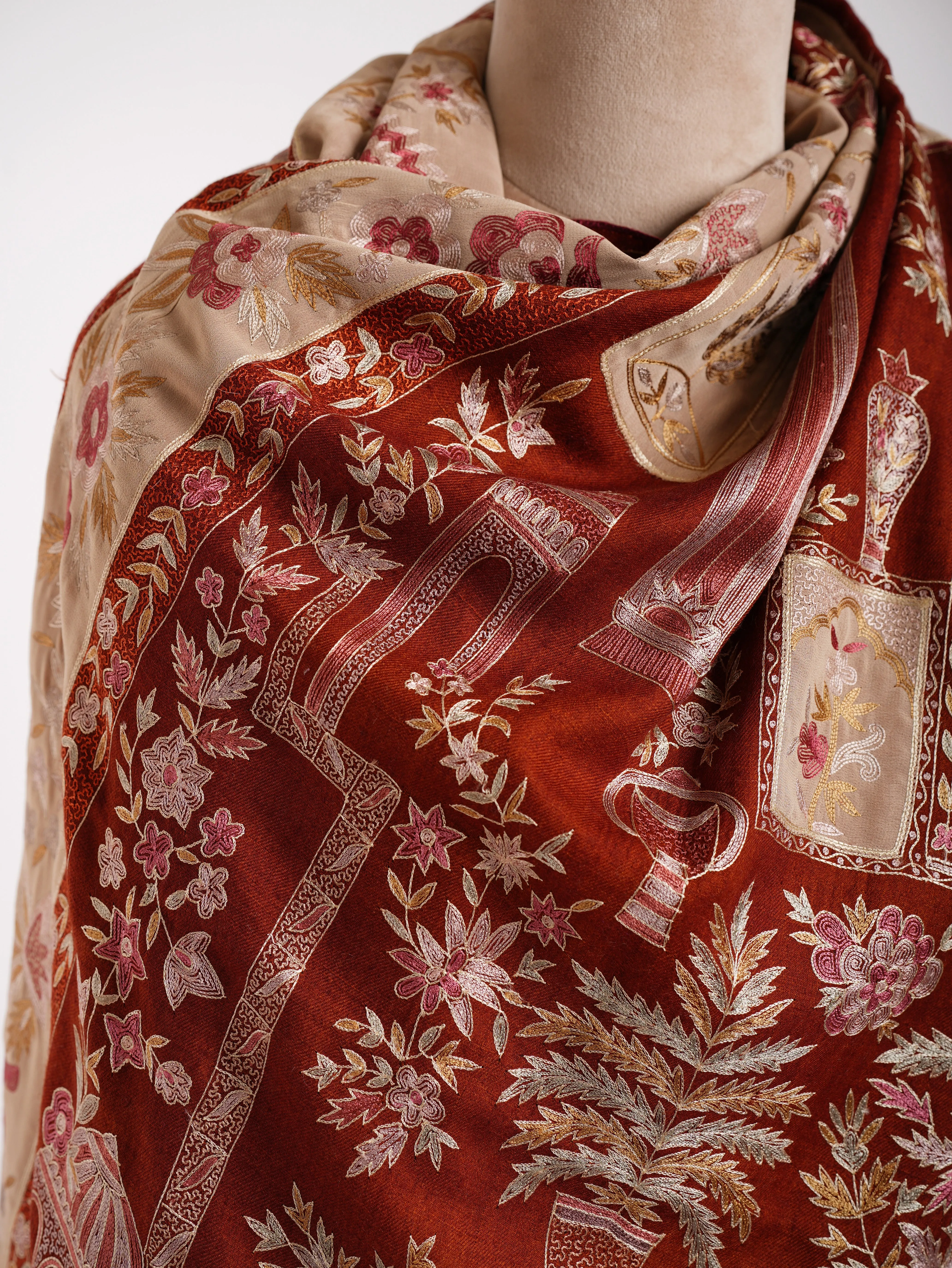 Hand Embroidered Patched Kalamkari Pashmina Shawl Cinnamon Stick