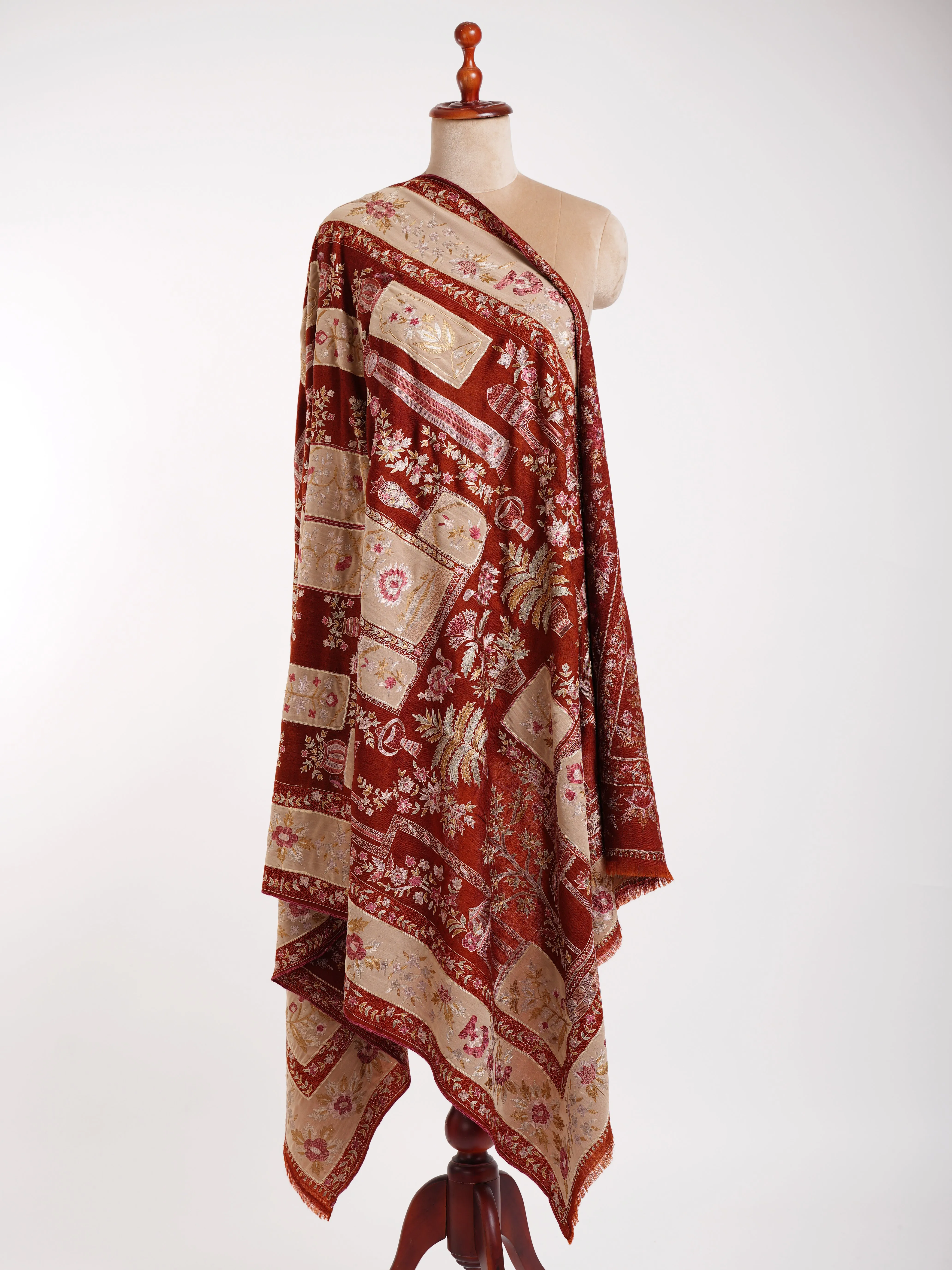 Hand Embroidered Patched Kalamkari Pashmina Shawl Cinnamon Stick