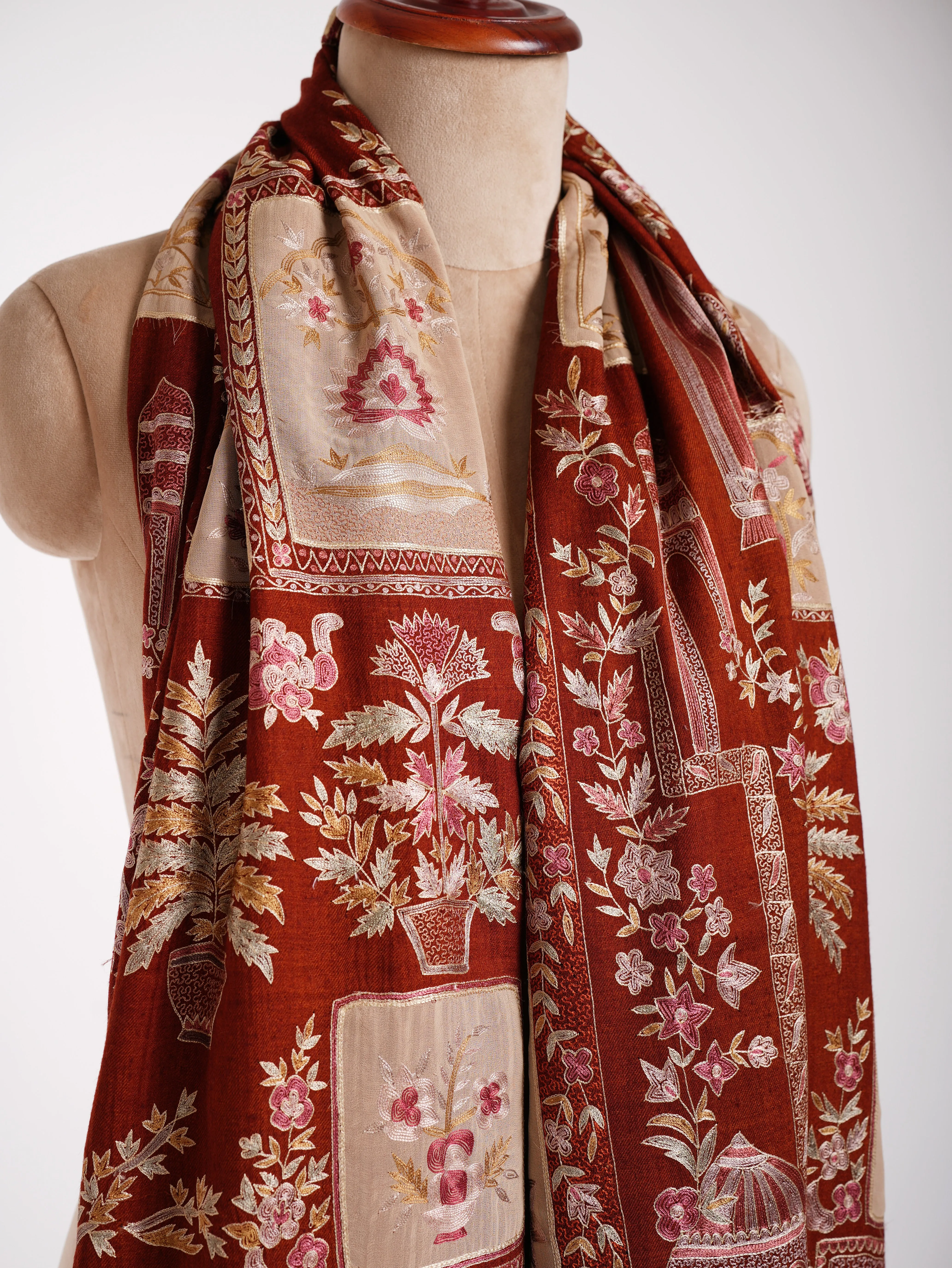 Hand Embroidered Patched Kalamkari Pashmina Shawl Cinnamon Stick