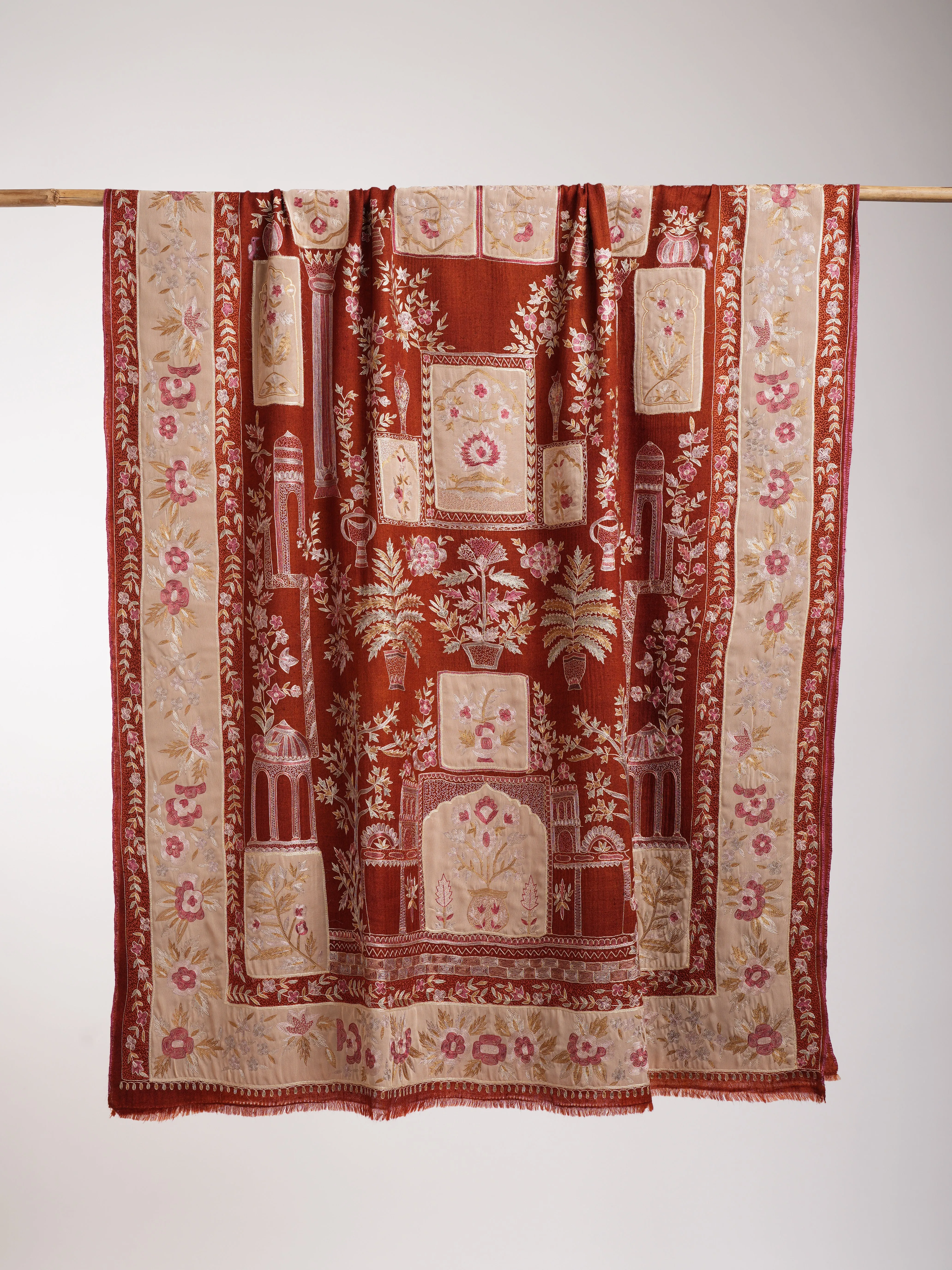 Hand Embroidered Patched Kalamkari Pashmina Shawl Cinnamon Stick