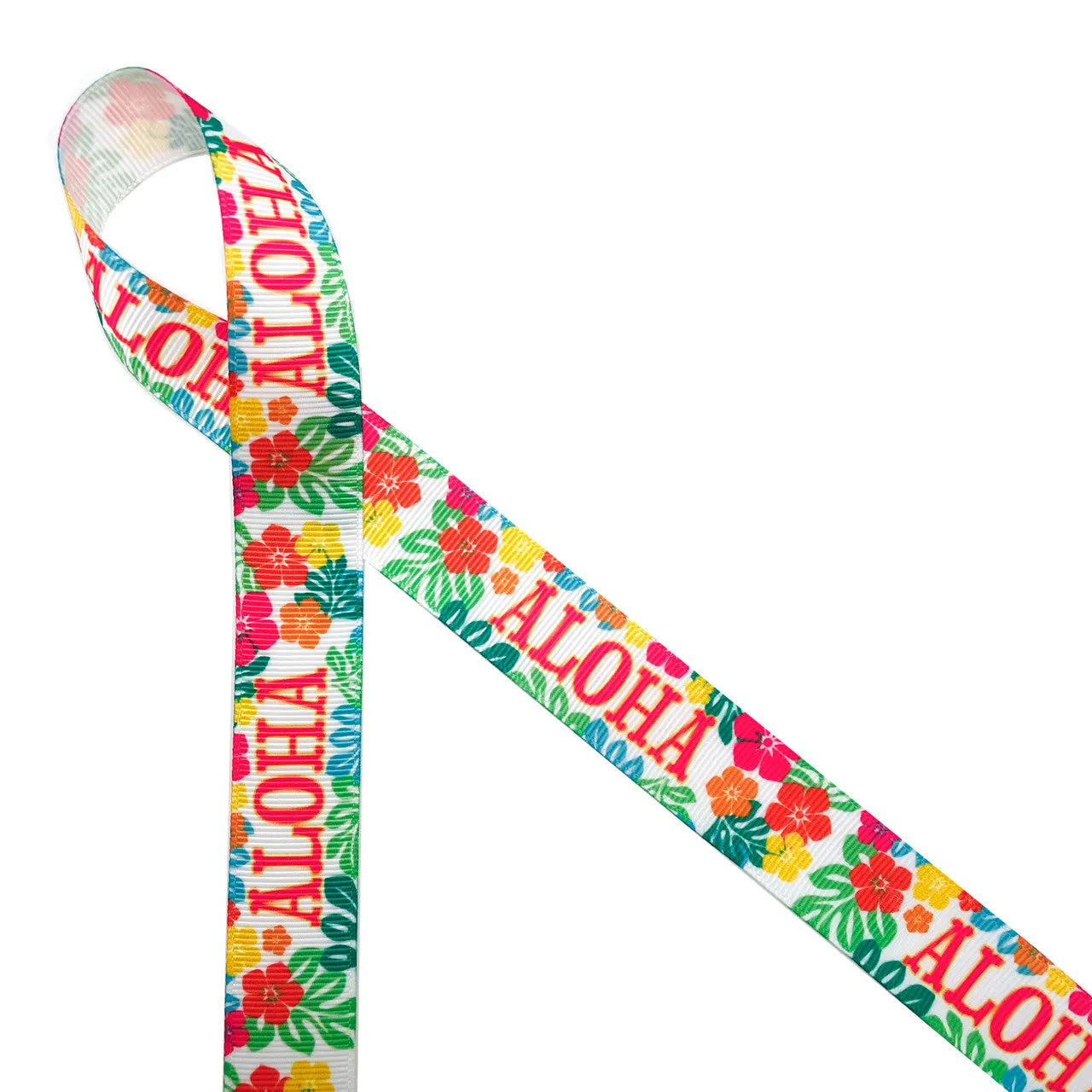 Hawaiian theme Aloha ribbon tropical flowers printed on 7/8" white grosgrain