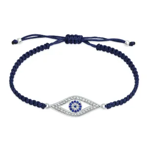 Horseshoe Blue Evil Eye Black Bolo Bracelet Braided Cord CZ Sterling Silver