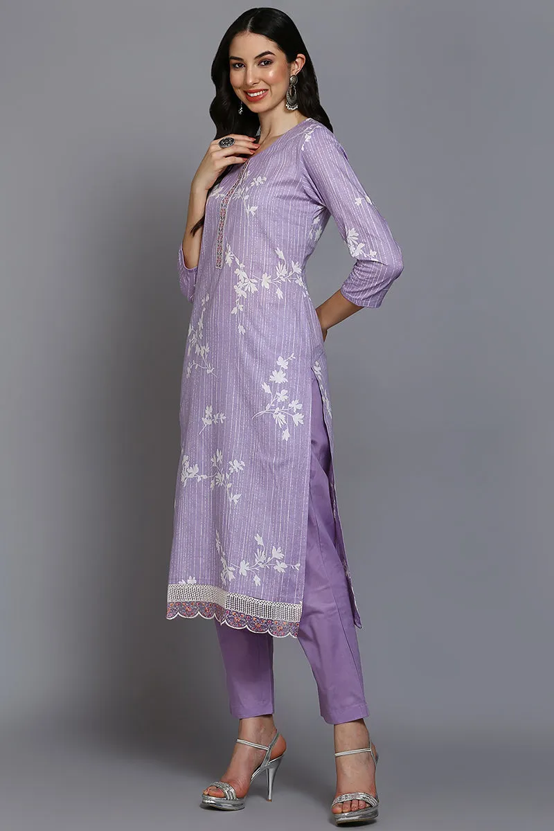 Lavender Cotton Floral Straight Suit Set