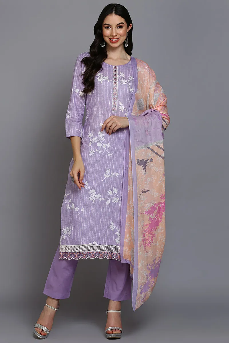 Lavender Cotton Floral Straight Suit Set