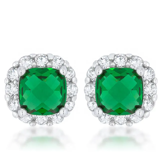 Liz Emerald Cushion Halo Stud Earrings | 2ct