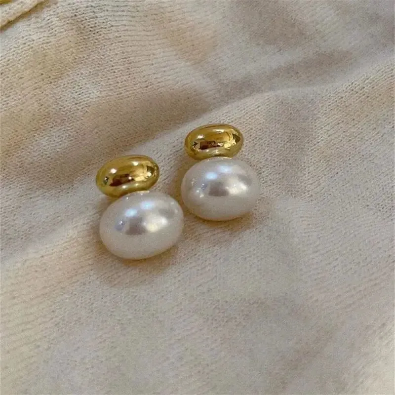 Luxury Elliptical Pearl Gold Color Plated Summer Party Korean Earring