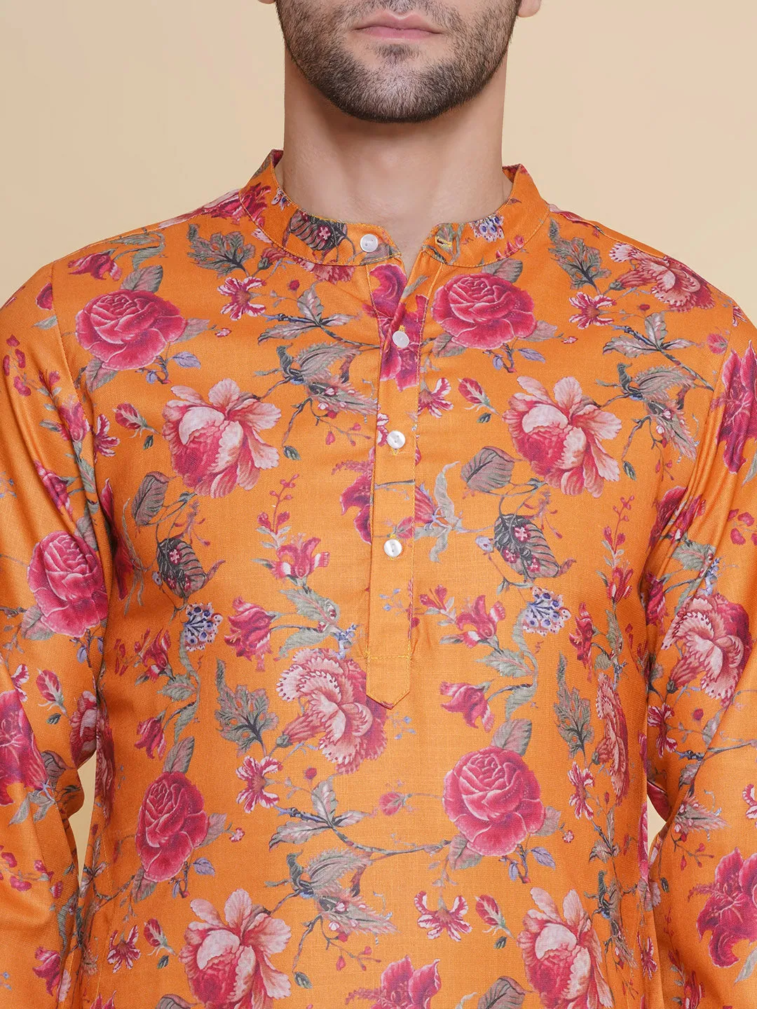 Men Mustard Floral Printed Festive Kurta Pyjamas