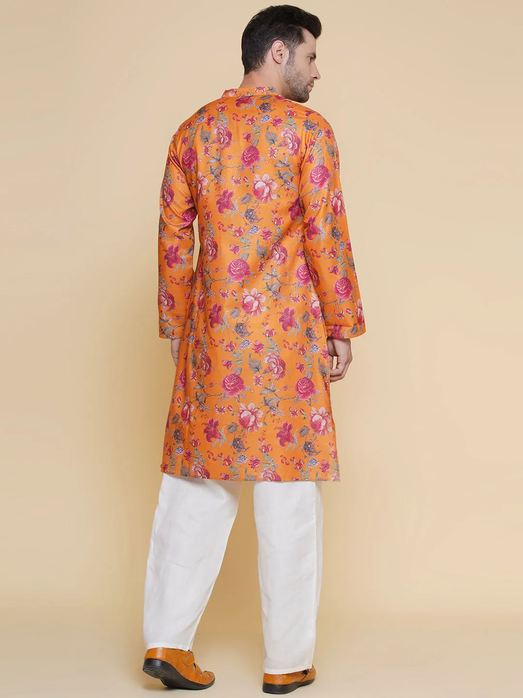 Men Mustard Floral Printed Festive Kurta Pyjamas