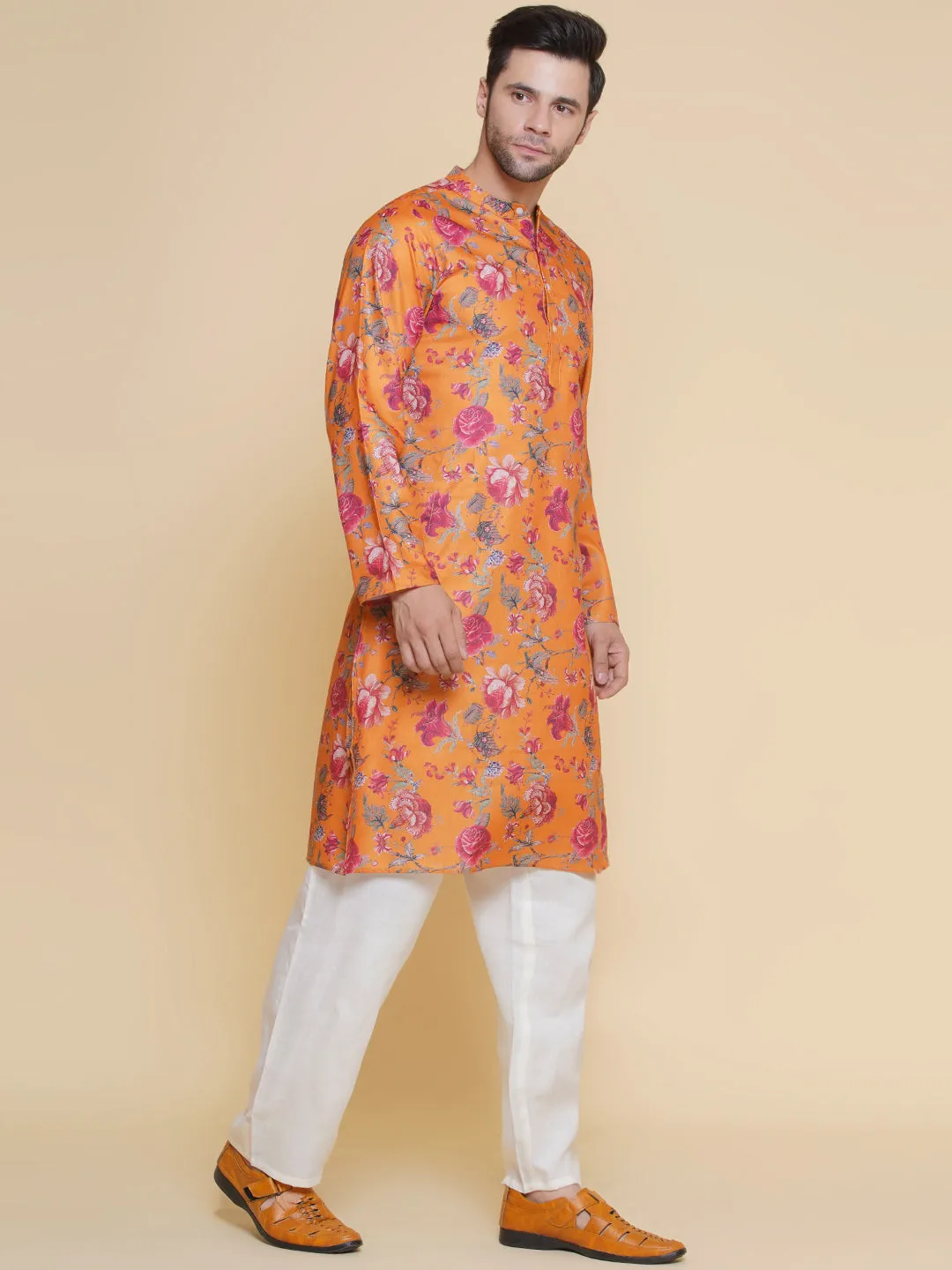 Men Mustard Floral Printed Festive Kurta Pyjamas