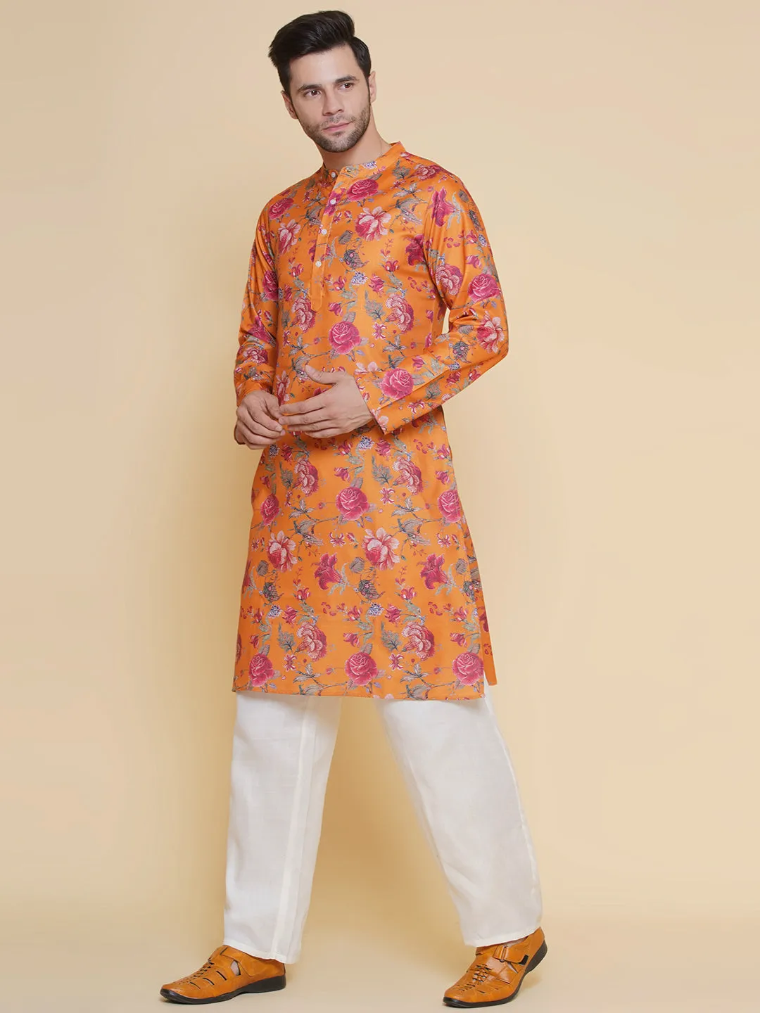 Men Mustard Floral Printed Festive Kurta Pyjamas