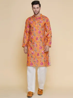 Men Mustard Floral Printed Festive Kurta Pyjamas