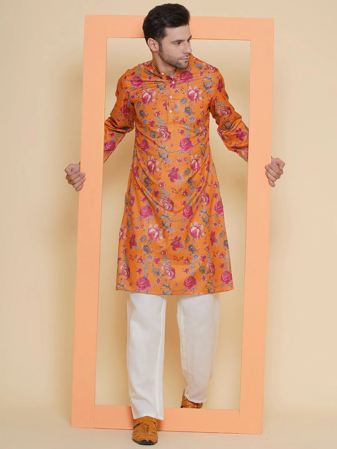 Men Mustard Floral Printed Festive Kurta Pyjamas