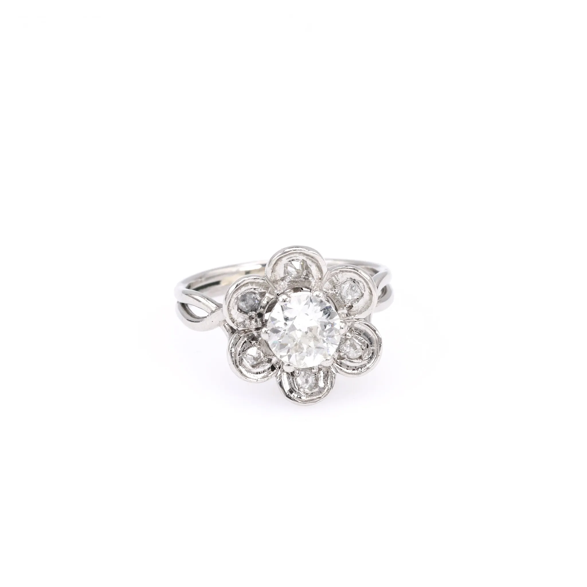 Mid Century French GIA 0.90 Carat Old European Cut Diamond Platinum Flower Ring