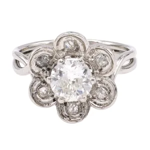 Mid Century French GIA 0.90 Carat Old European Cut Diamond Platinum Flower Ring