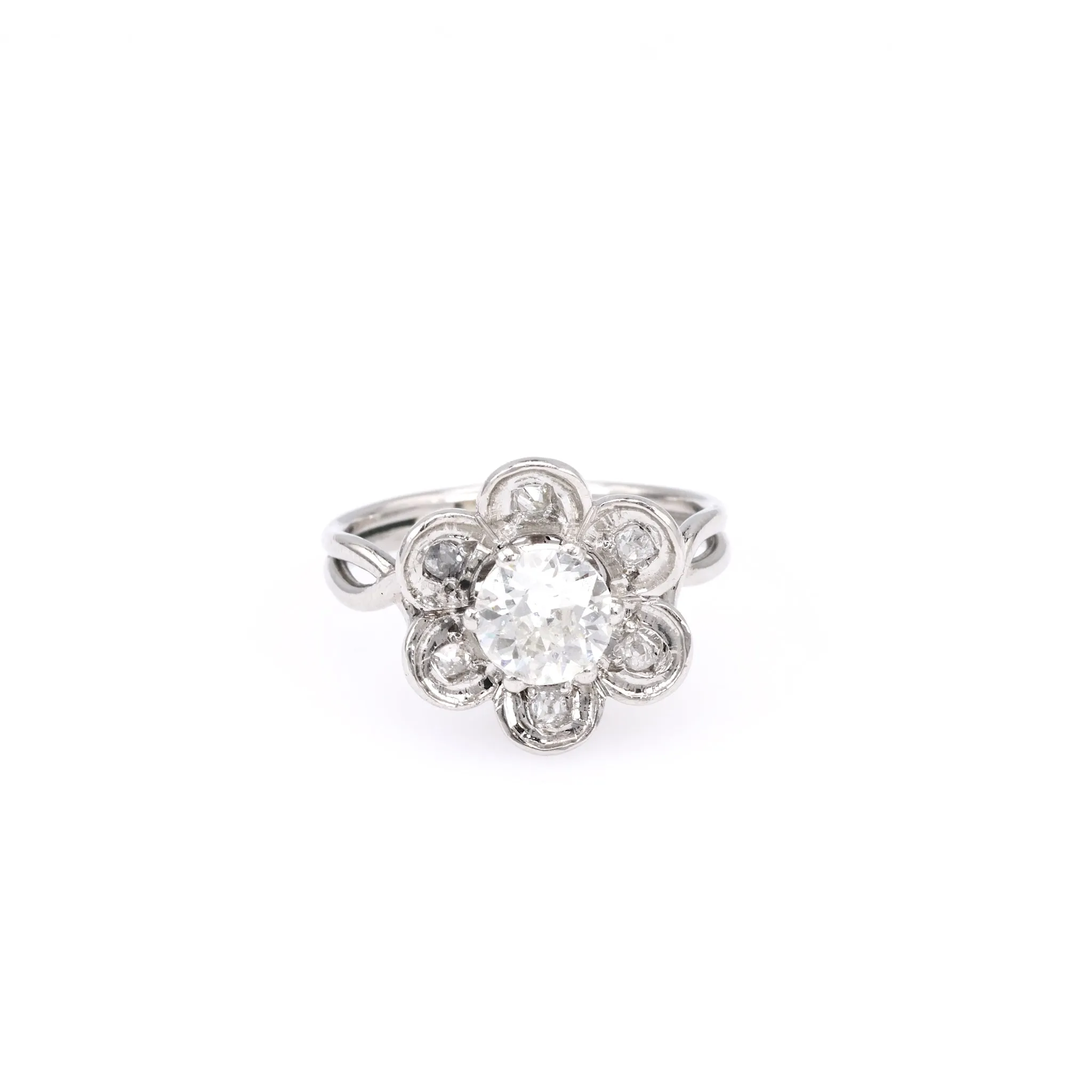 Mid Century French GIA 0.90 Carat Old European Cut Diamond Platinum Flower Ring