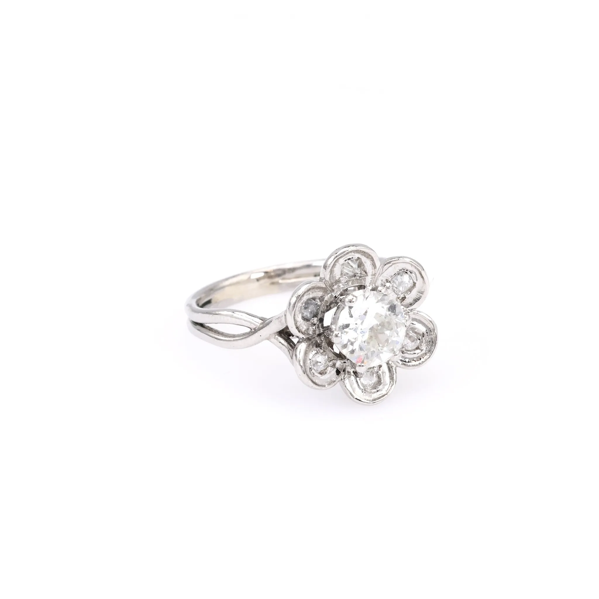 Mid Century French GIA 0.90 Carat Old European Cut Diamond Platinum Flower Ring