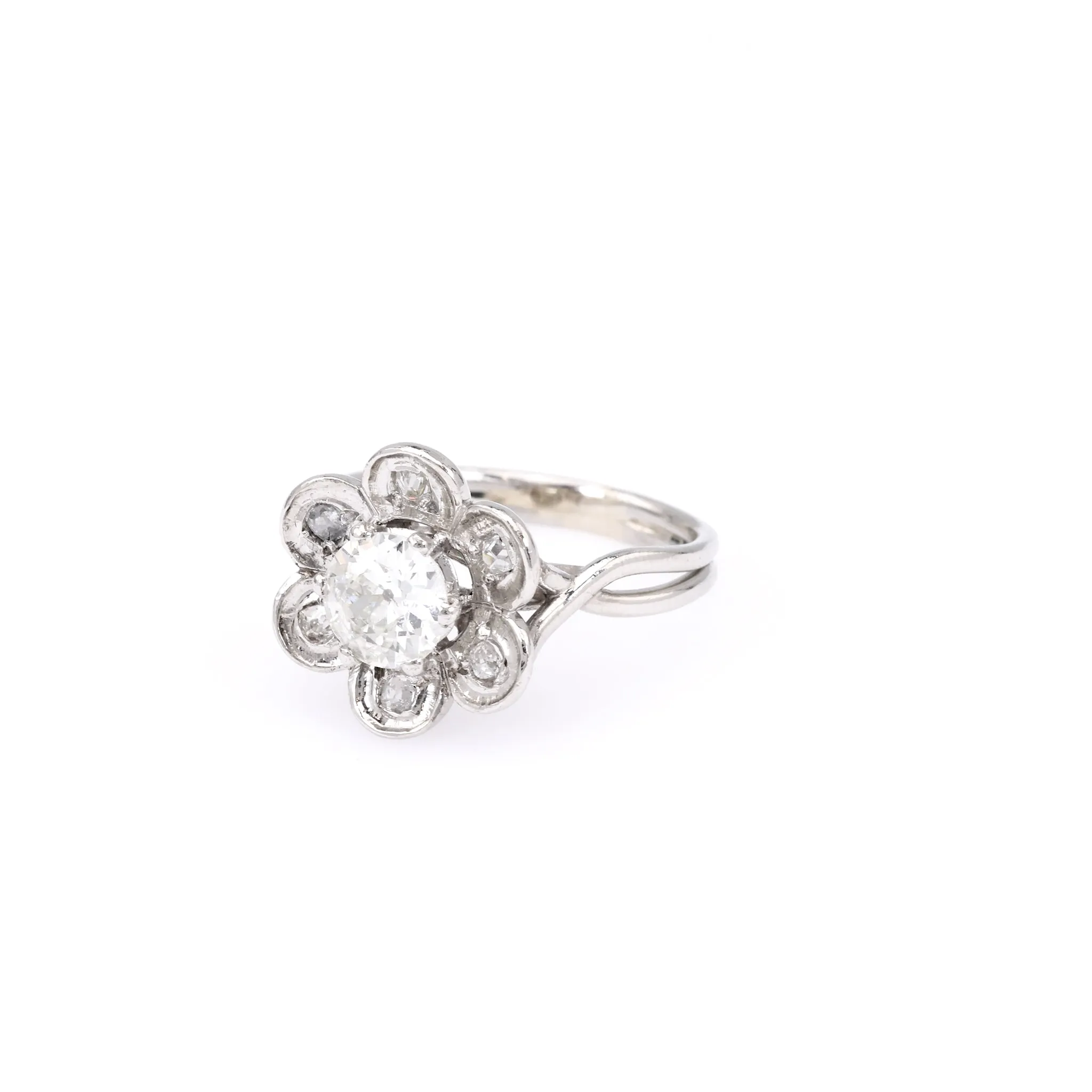 Mid Century French GIA 0.90 Carat Old European Cut Diamond Platinum Flower Ring