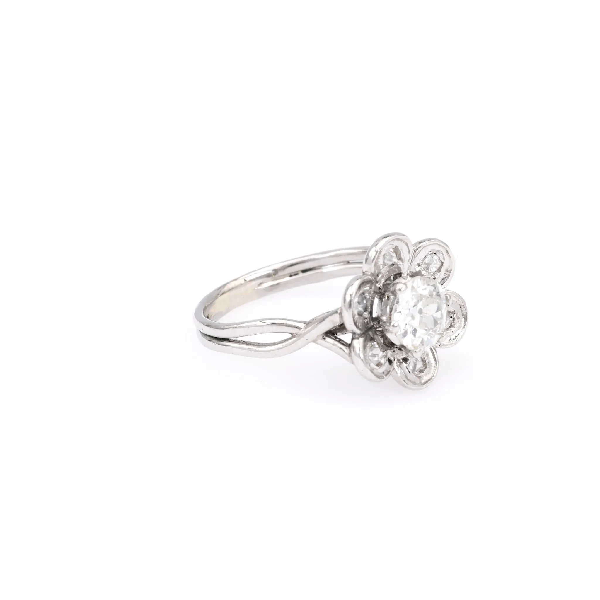 Mid Century French GIA 0.90 Carat Old European Cut Diamond Platinum Flower Ring