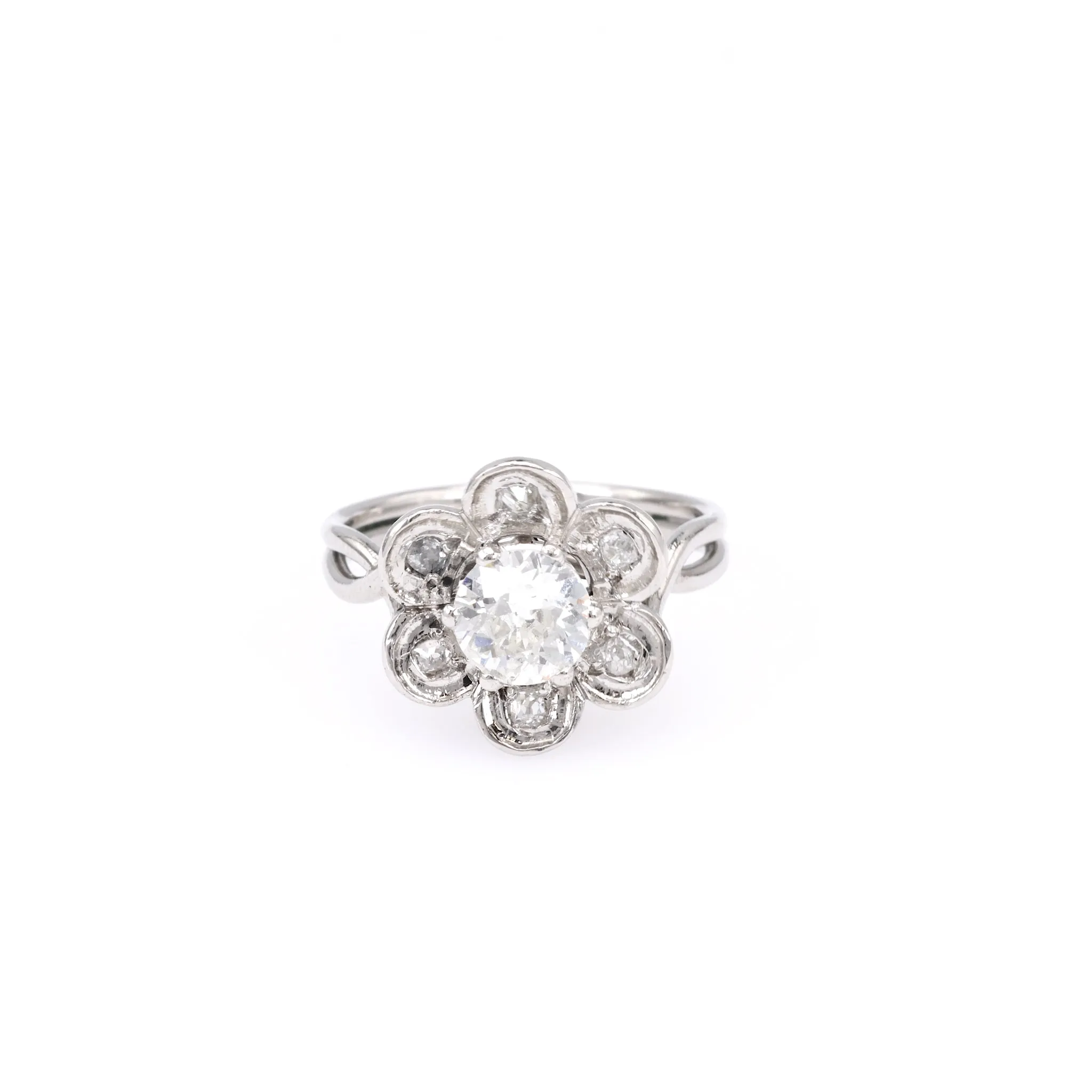 Mid Century French GIA 0.90 Carat Old European Cut Diamond Platinum Flower Ring