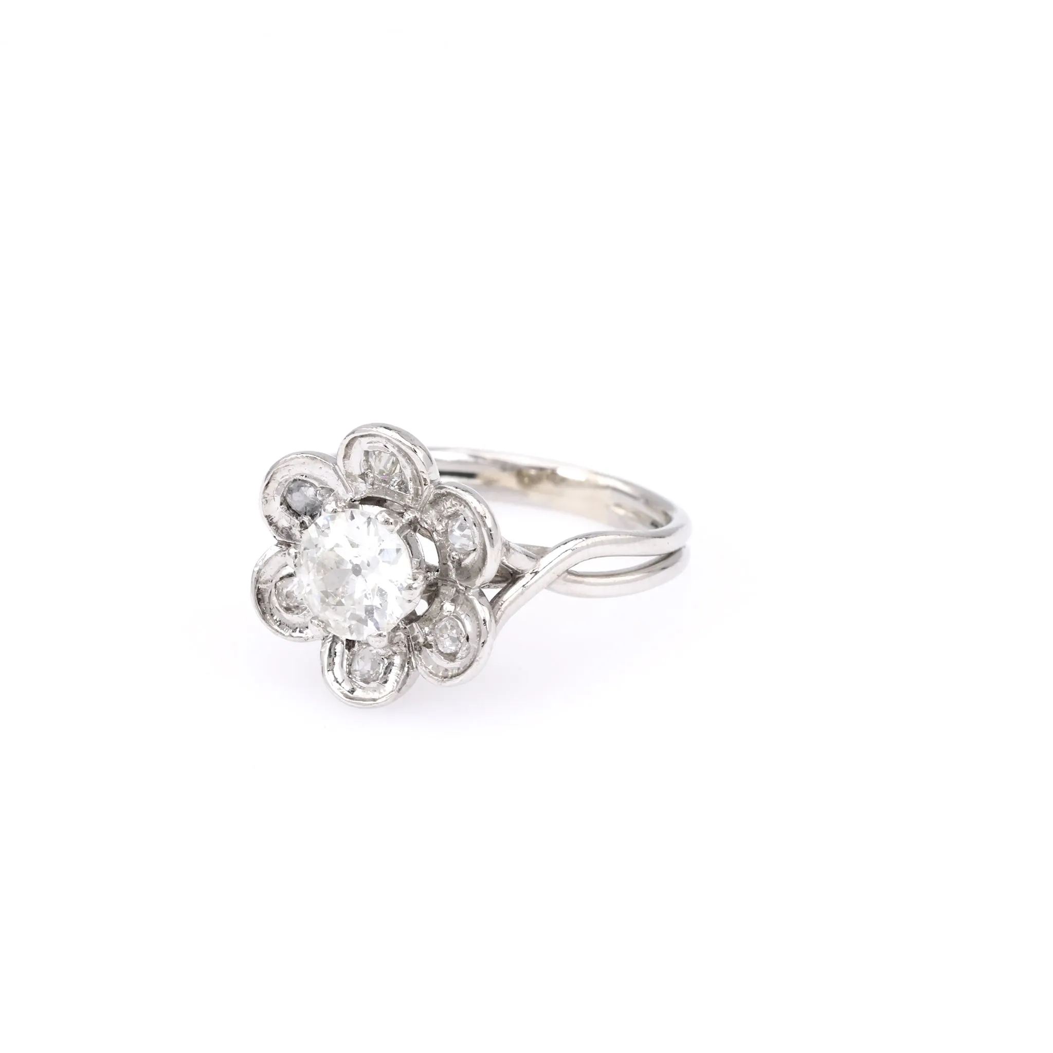 Mid Century French GIA 0.90 Carat Old European Cut Diamond Platinum Flower Ring