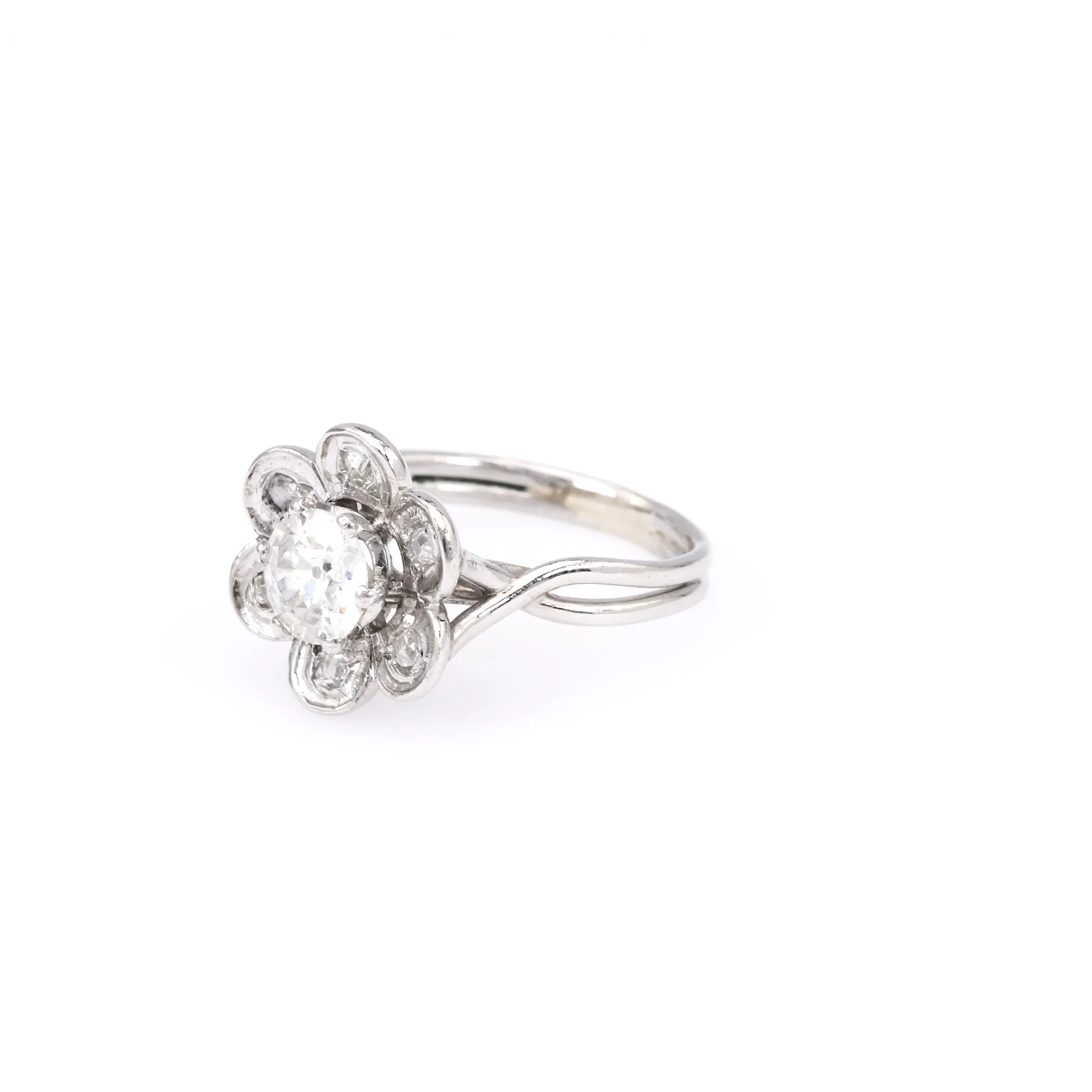 Mid Century French GIA 0.90 Carat Old European Cut Diamond Platinum Flower Ring