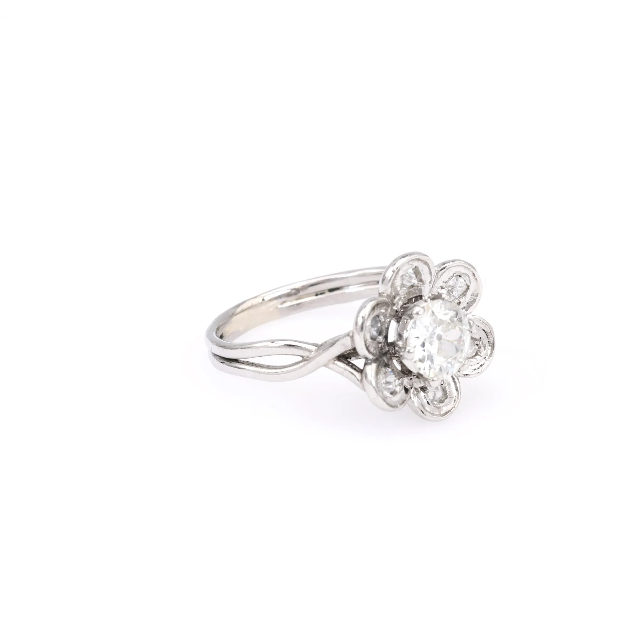 Mid Century French GIA 0.90 Carat Old European Cut Diamond Platinum Flower Ring