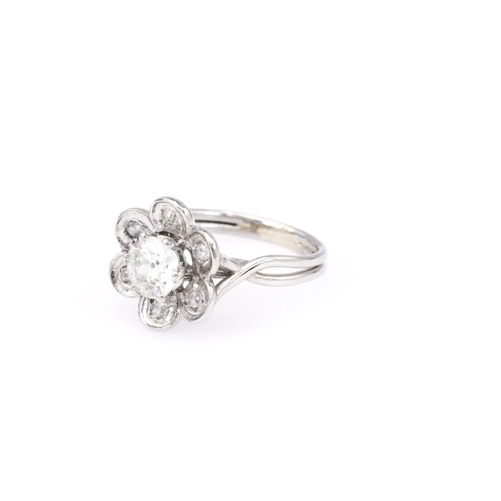 Mid Century French GIA 0.90 Carat Old European Cut Diamond Platinum Flower Ring