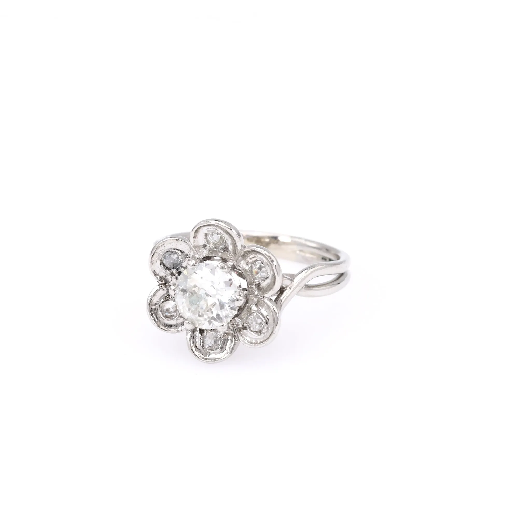 Mid Century French GIA 0.90 Carat Old European Cut Diamond Platinum Flower Ring