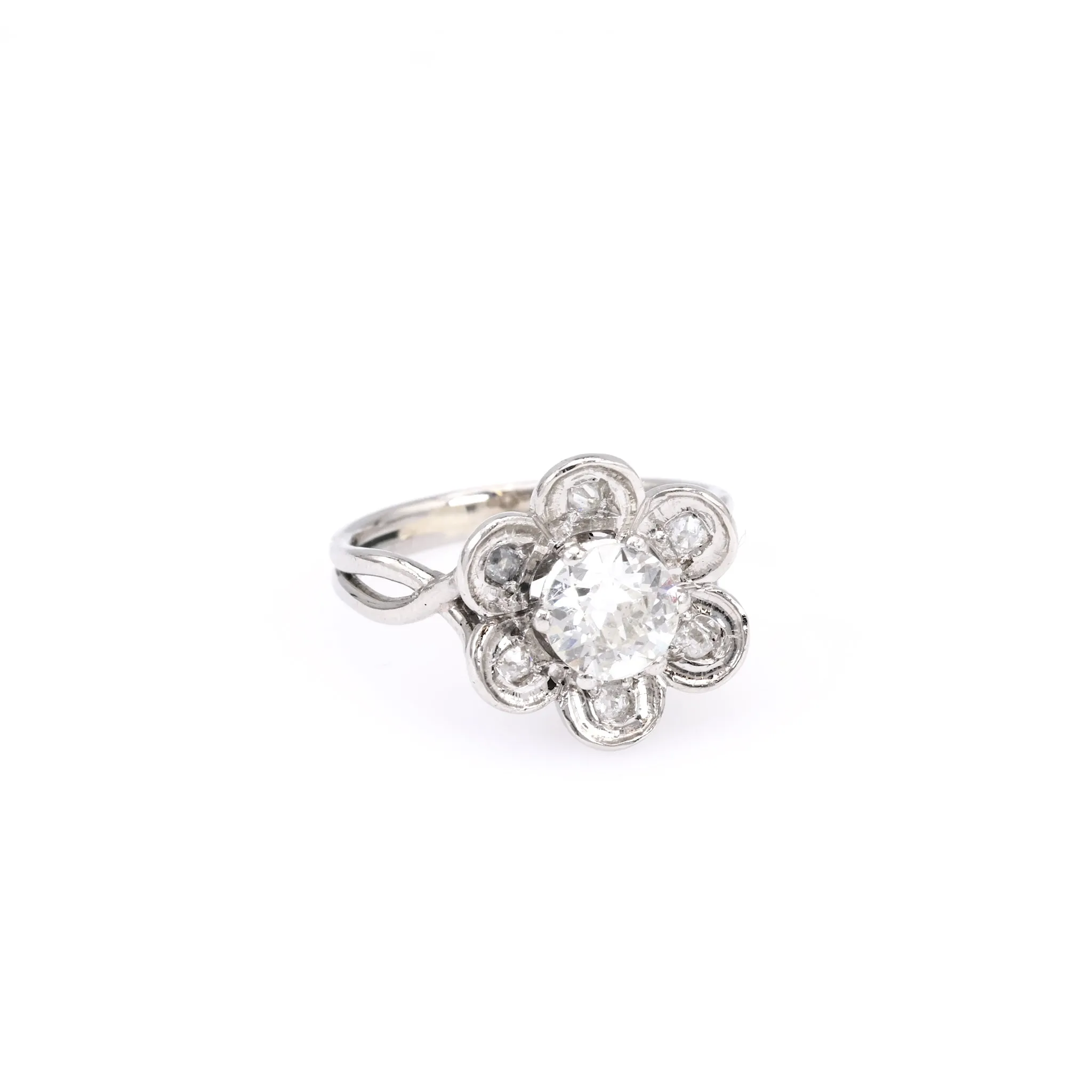 Mid Century French GIA 0.90 Carat Old European Cut Diamond Platinum Flower Ring