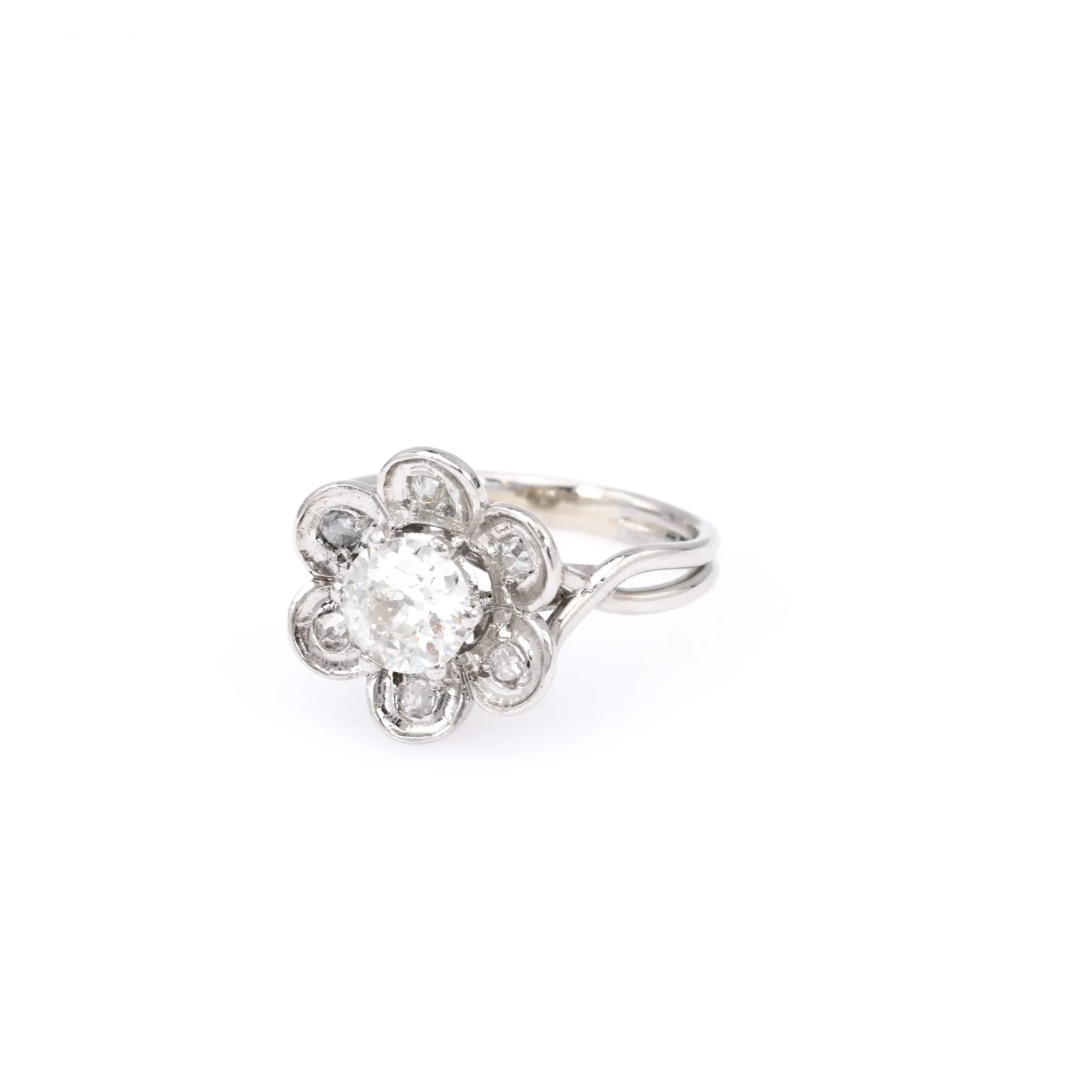 Mid Century French GIA 0.90 Carat Old European Cut Diamond Platinum Flower Ring