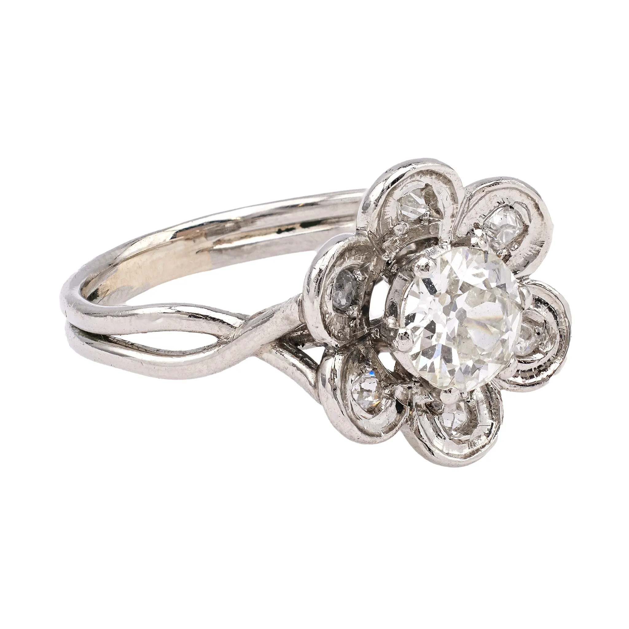 Mid Century French GIA 0.90 Carat Old European Cut Diamond Platinum Flower Ring