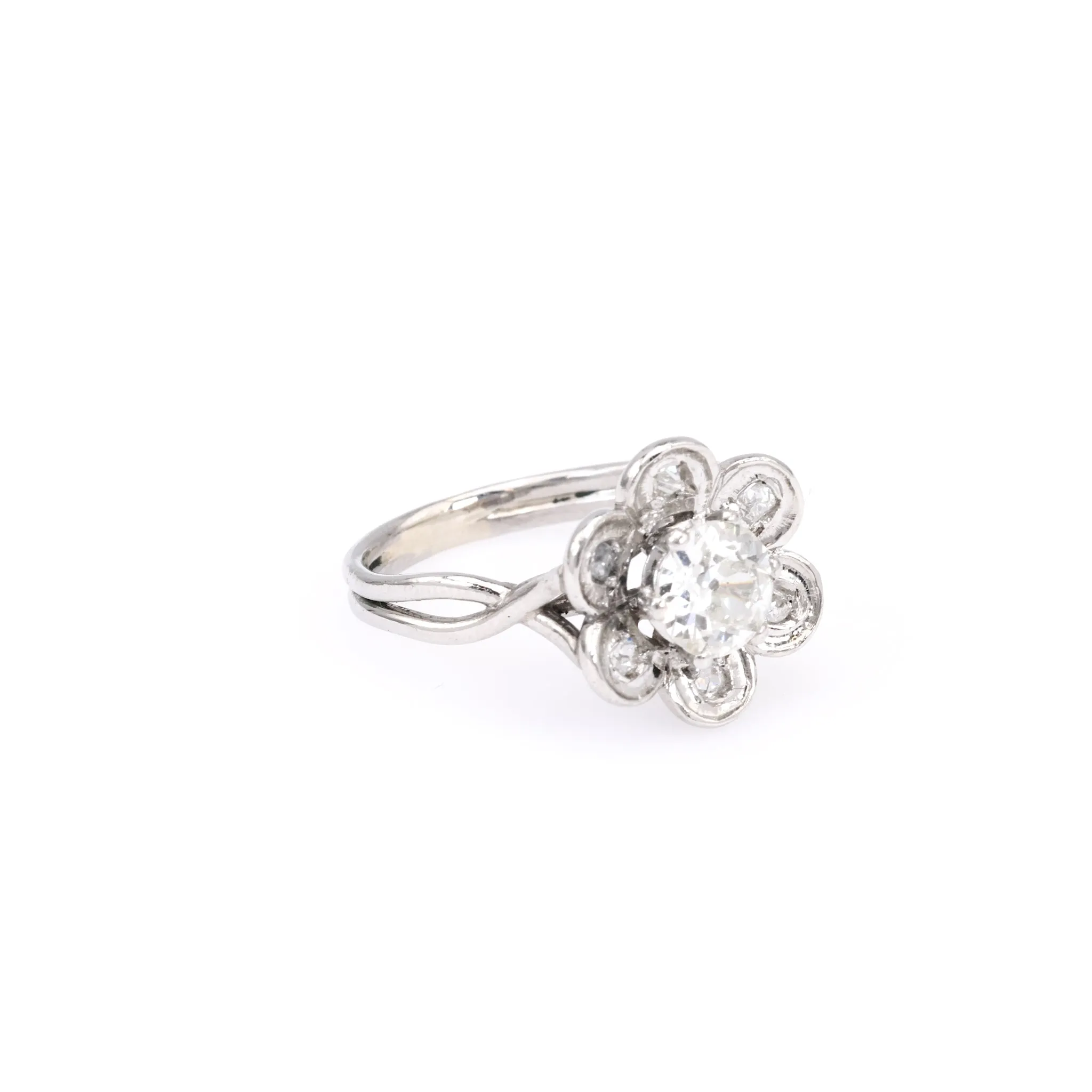 Mid Century French GIA 0.90 Carat Old European Cut Diamond Platinum Flower Ring