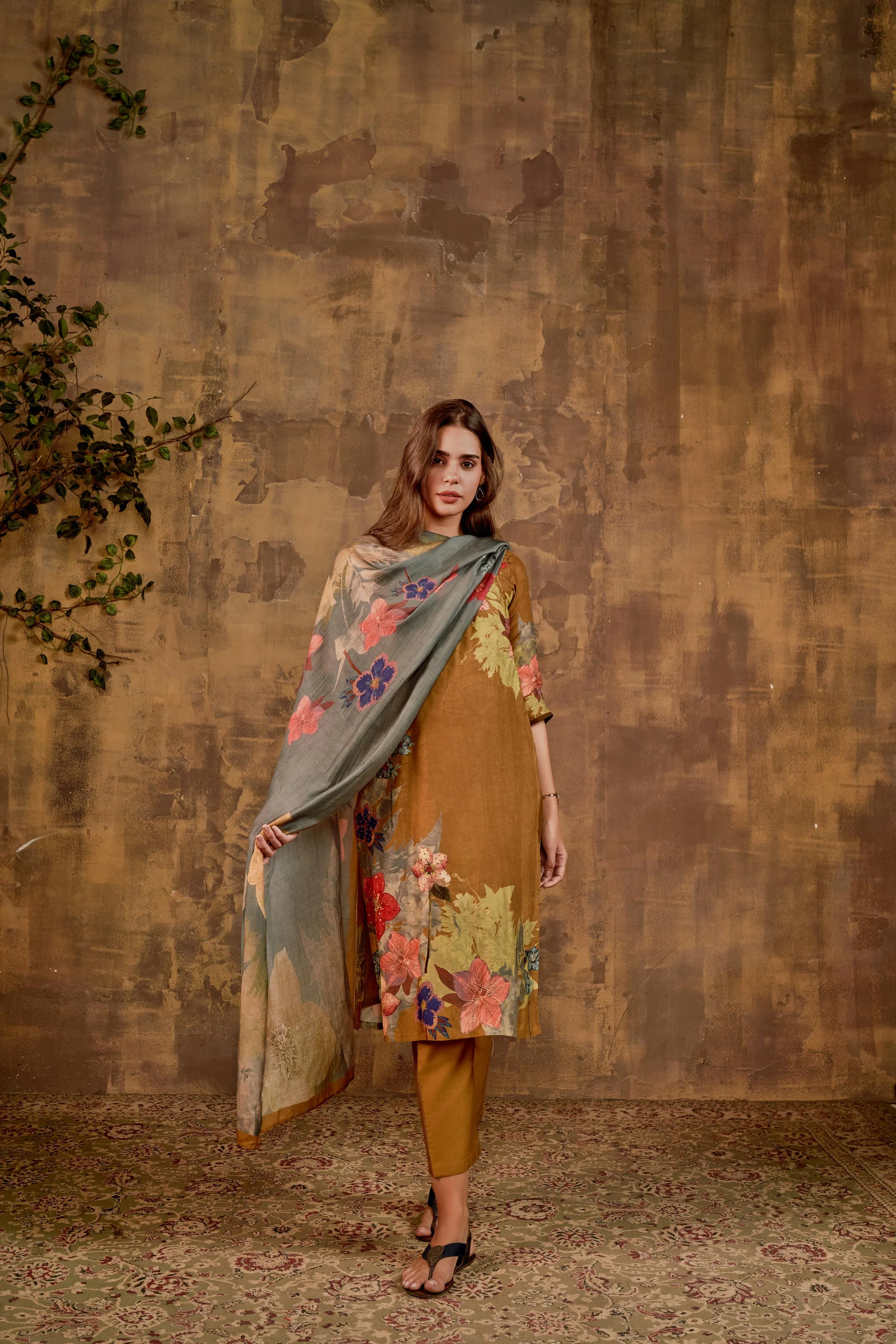 Mustard Floral Printed Muslin Silk Kurta Pants Set