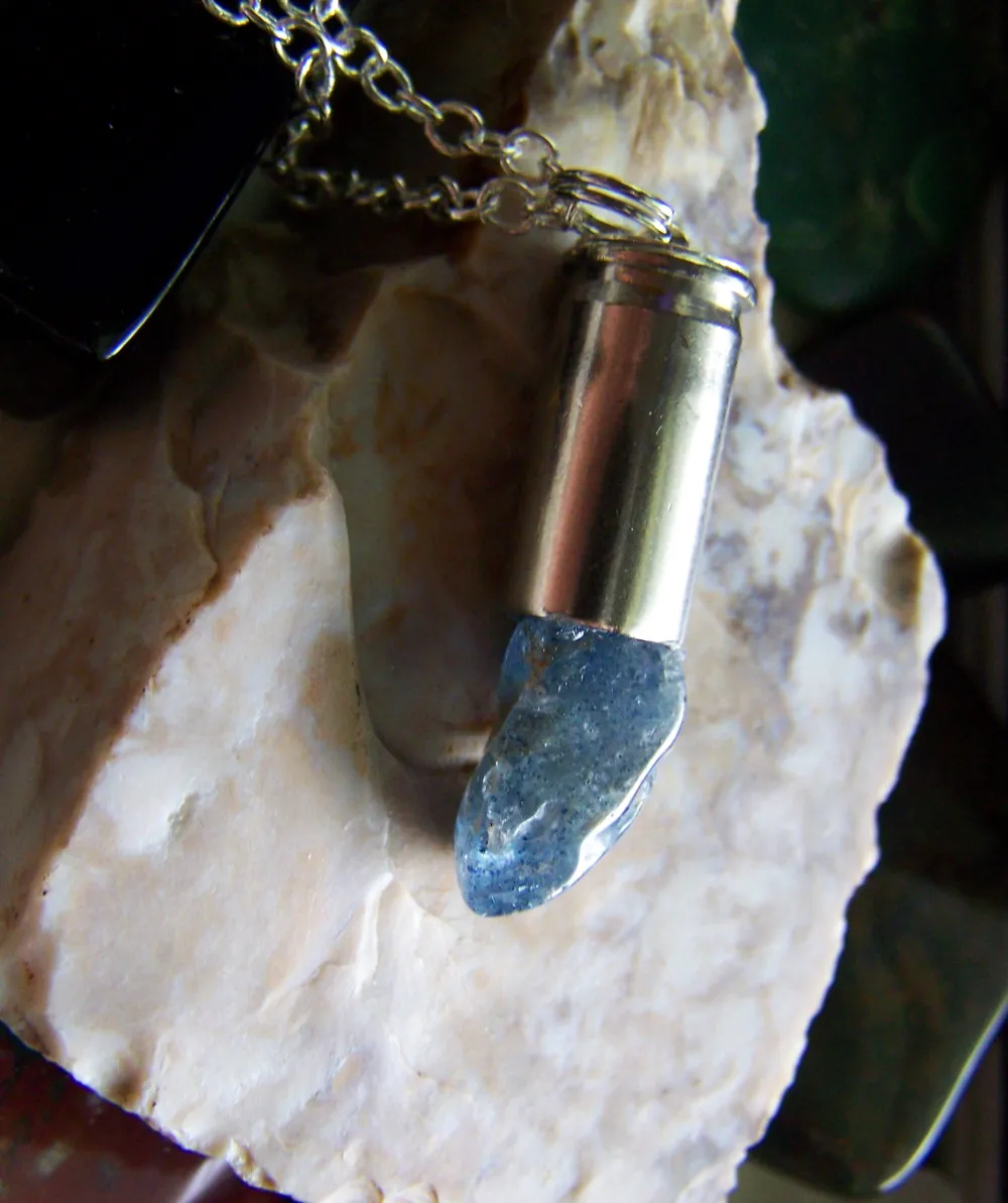 Natural Blue Quartz Silver Bullet Necklace