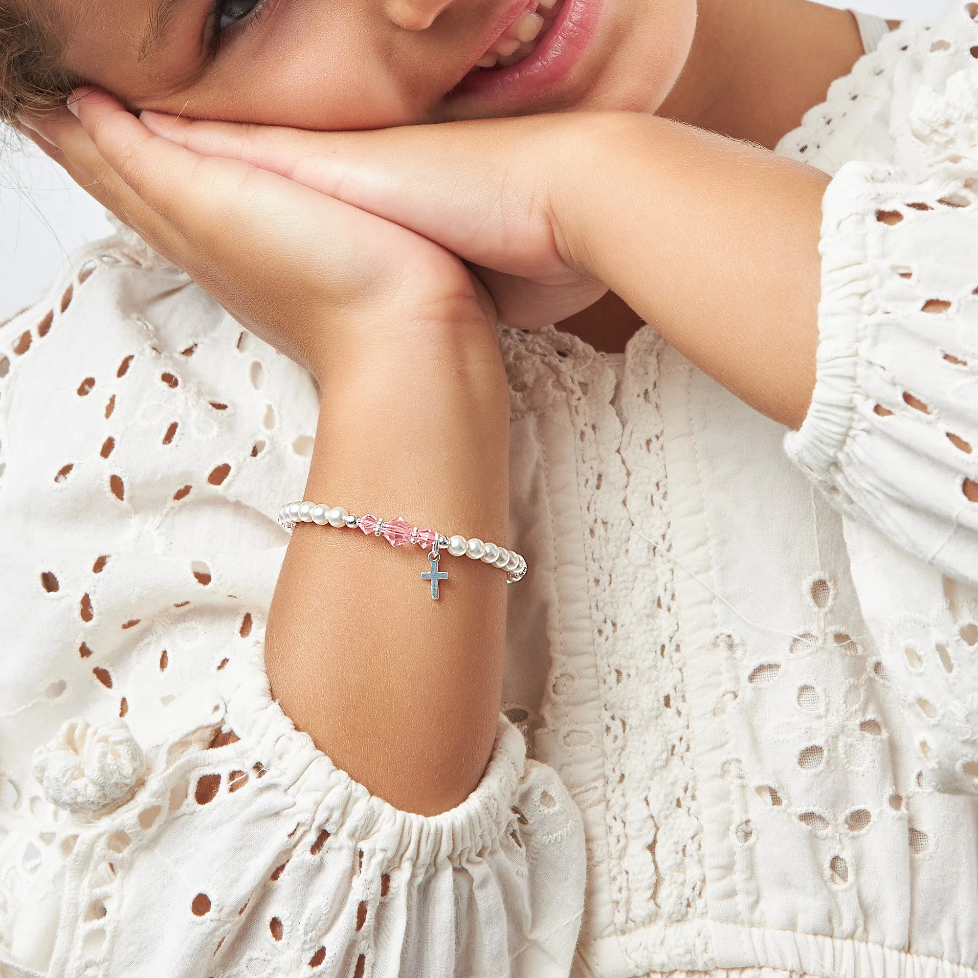 Newborn Baby Girl Sterling Silver Cross Baptism Pearl Bracelet White Pearl Pink Crystals