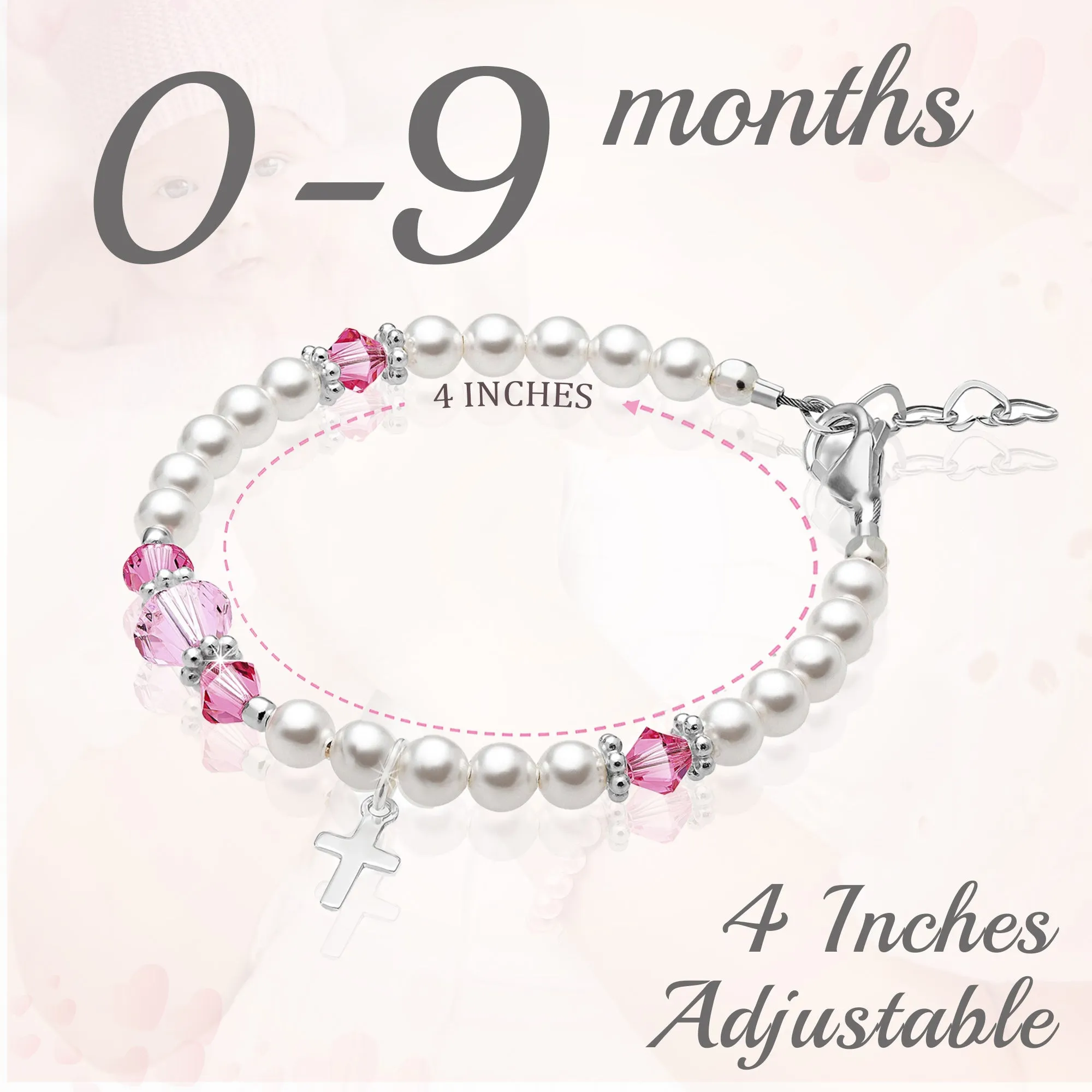 Newborn Baby Girl Sterling Silver Cross Baptism Pearl Bracelet White Pearl Pink Crystals