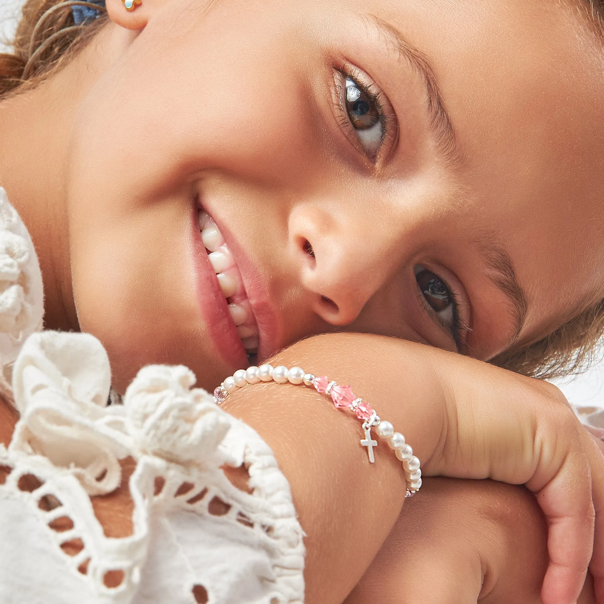 Newborn Baby Girl Sterling Silver Cross Baptism Pearl Bracelet White Pearl Pink Crystals