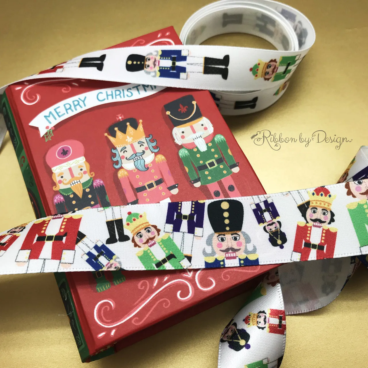 Nutcracker Ribbon printed on 7/8" white single face satin