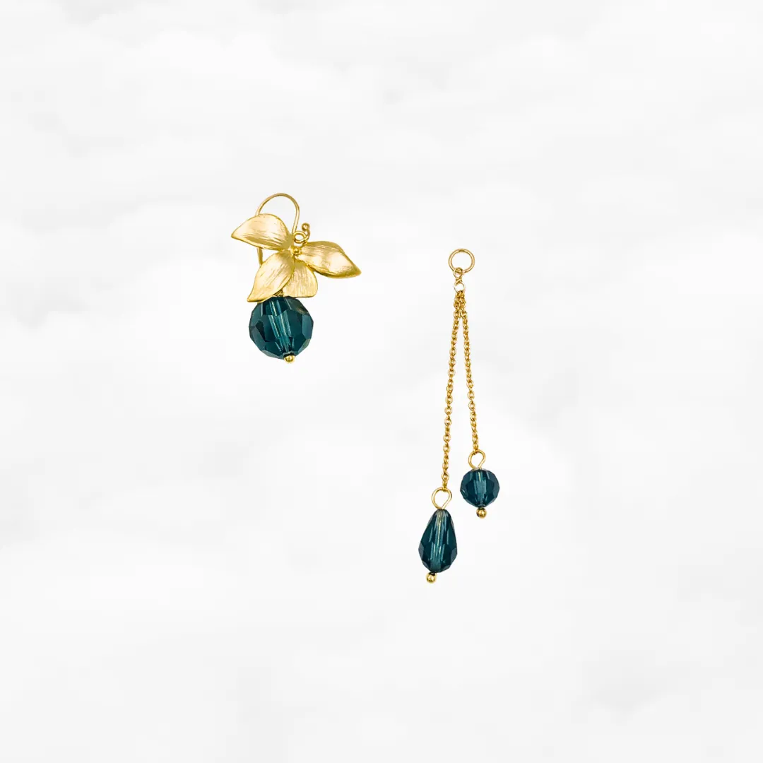 Orchid Flower Teal Crystal Earrings Gold