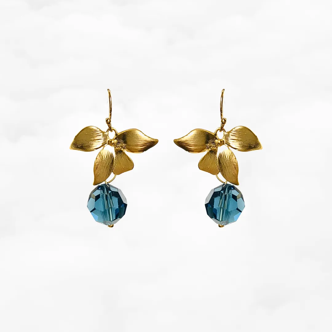 Orchid Flower Teal Crystal Earrings Gold