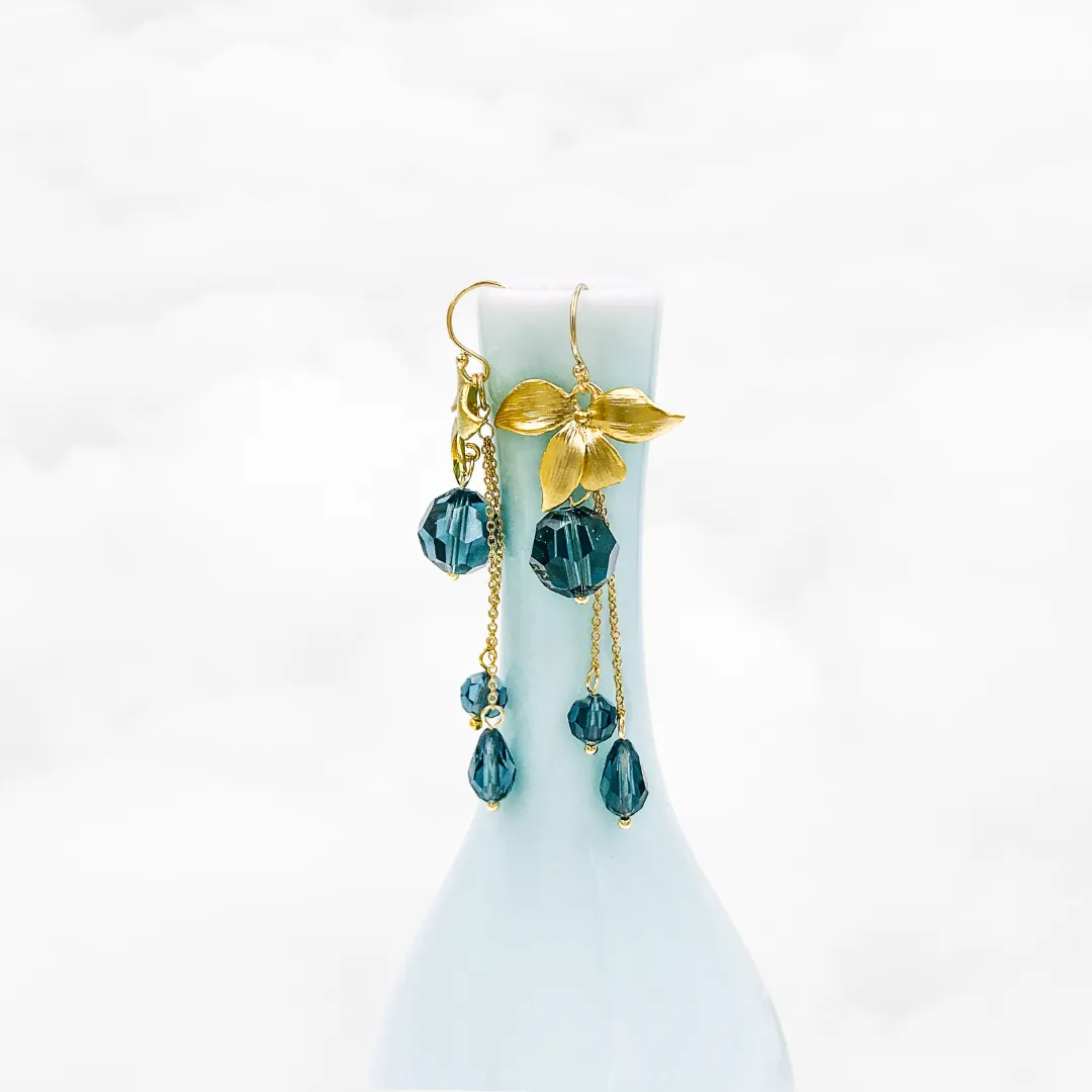 Orchid Flower Teal Crystal Earrings Gold