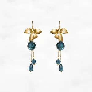 Orchid Flower Teal Crystal Earrings Gold