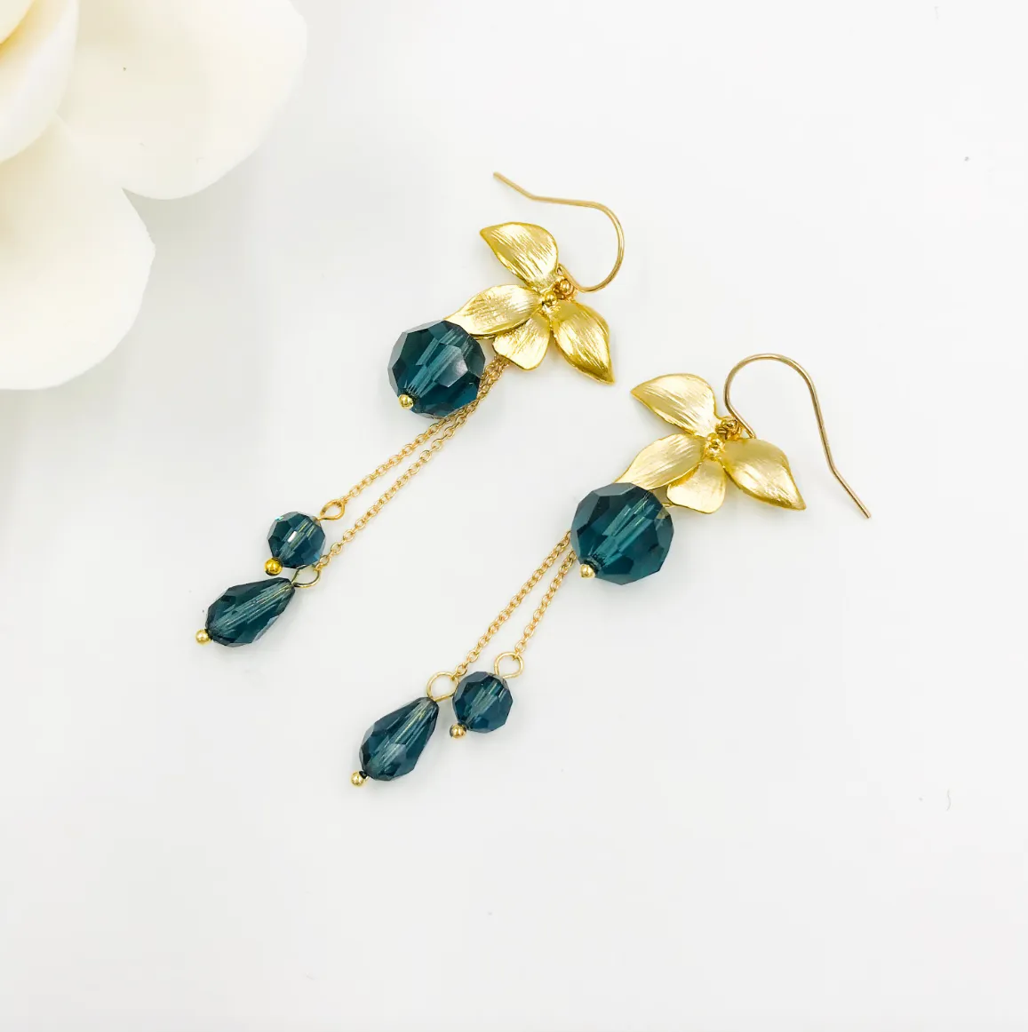 Orchid Flower Teal Crystal Earrings Gold