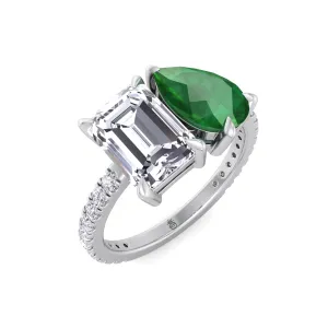 Pavia - Toi Et Moi Emerald & Green Pear Shape Engagement Ring With Pave Band