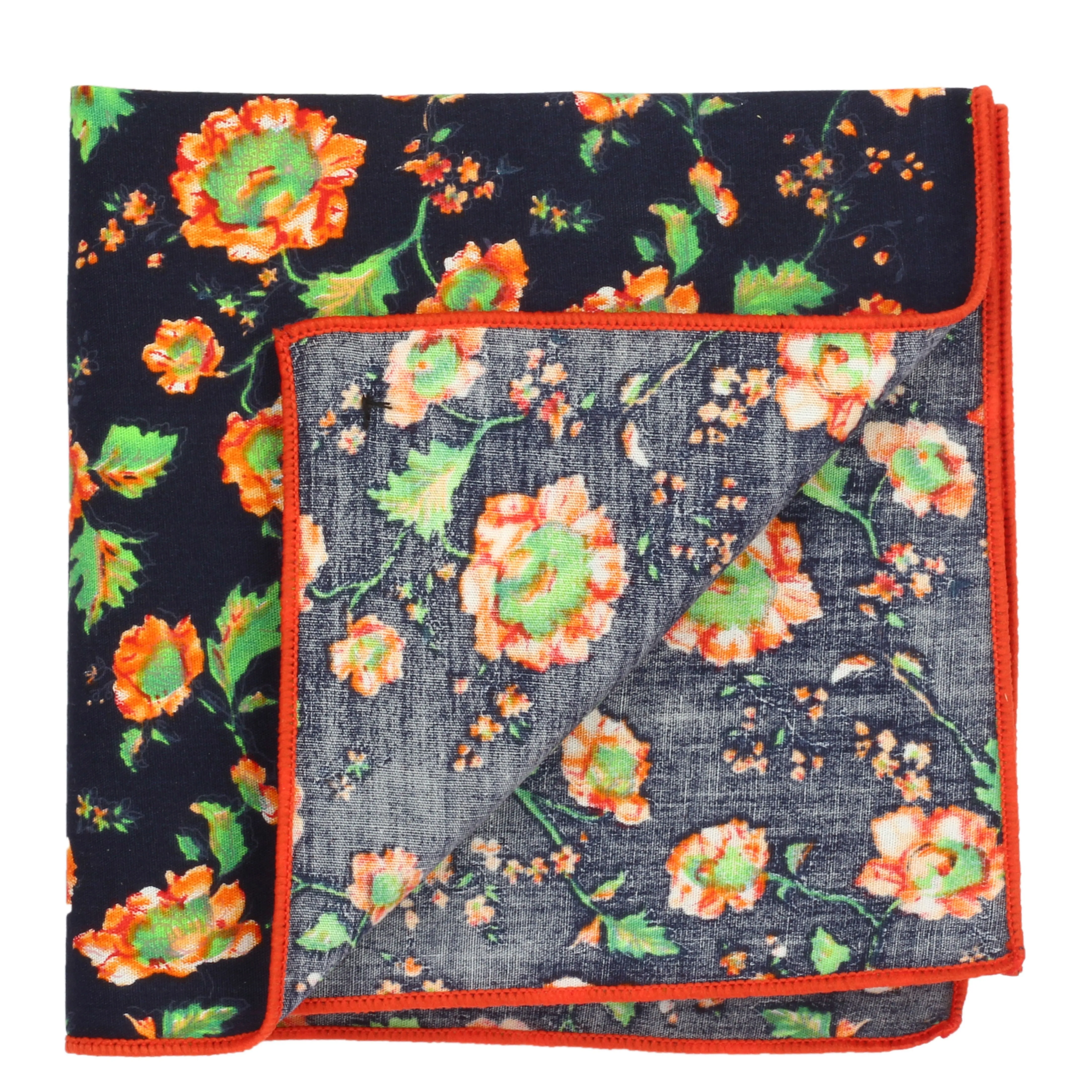 Peluche Beautiful Flowers Navy Blue and Orange Colored Pocket Square for Men