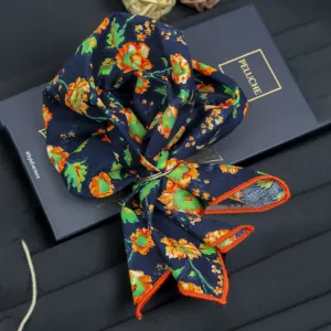 Peluche Beautiful Flowers Navy Blue and Orange Colored Pocket Square for Men