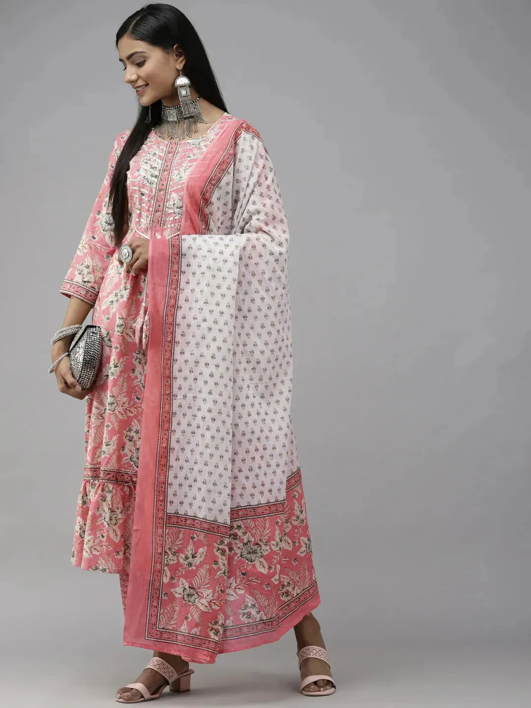 Pink Floral Printed Dupatta Set